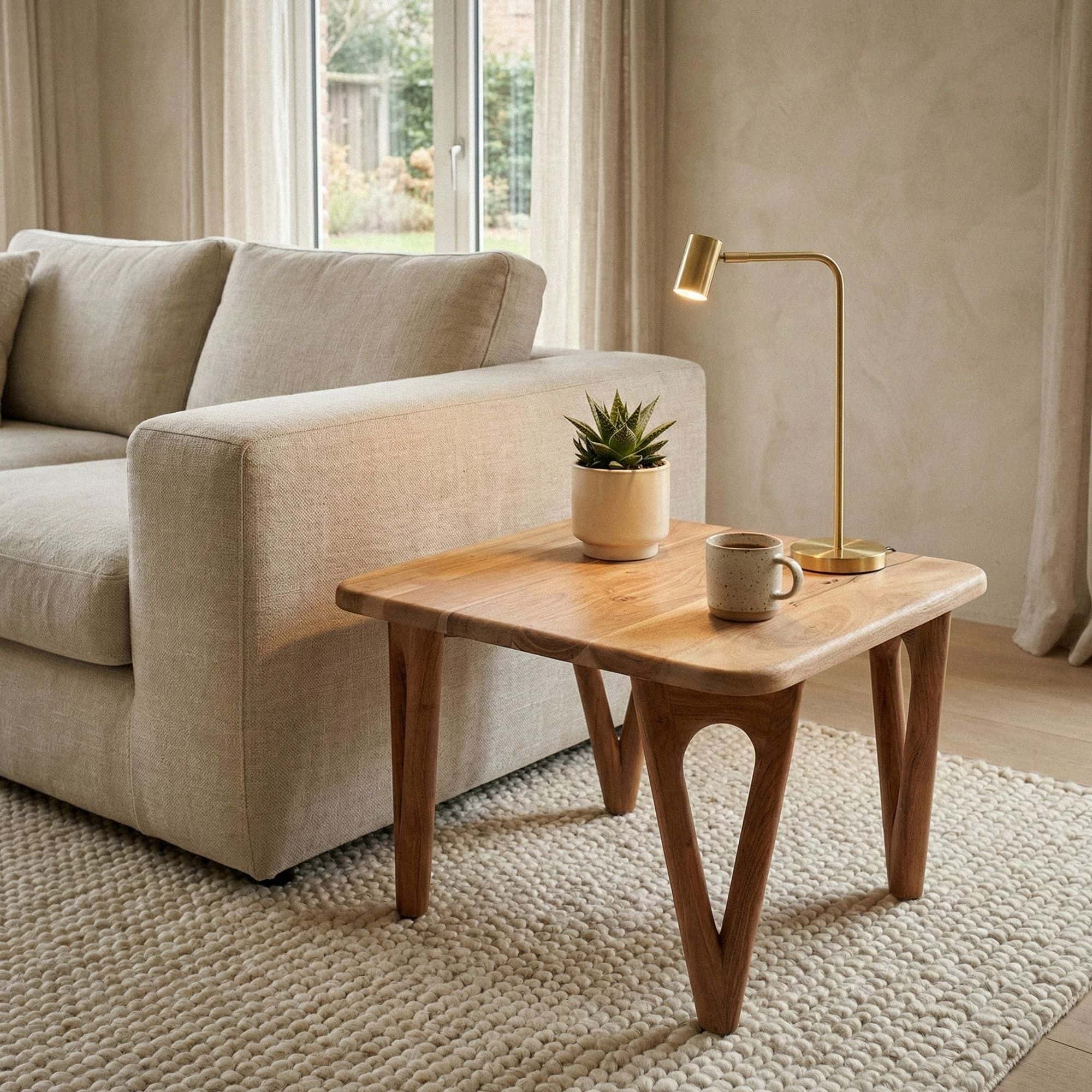 Couchtisch Akazie Massivholz 60cm - Wohnzimmertisch Quadratisch - Sofatisch Holz Modern - Design Loungetisch mit abgerundeten Ecken Landhaus Handmade