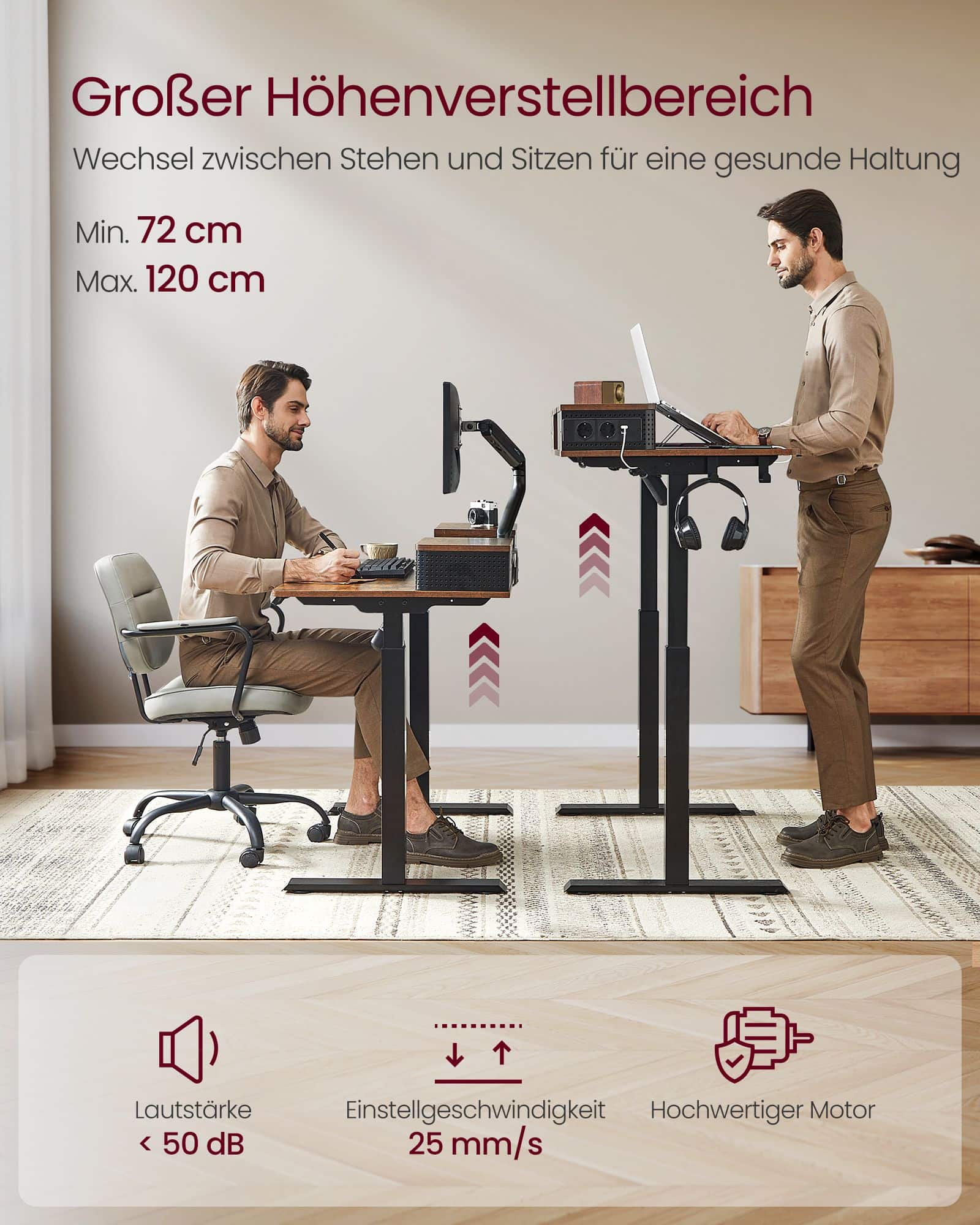 Schreibtisch Höhenverstellbar und elektrisch vintagebraun