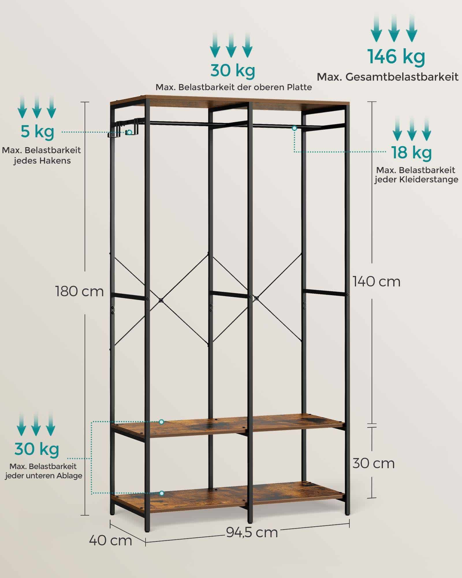 Kleiderschrank offen mit Kleiderstange vintagebraun Kleiderschrank offen mit Kleiderstange vintagebraun