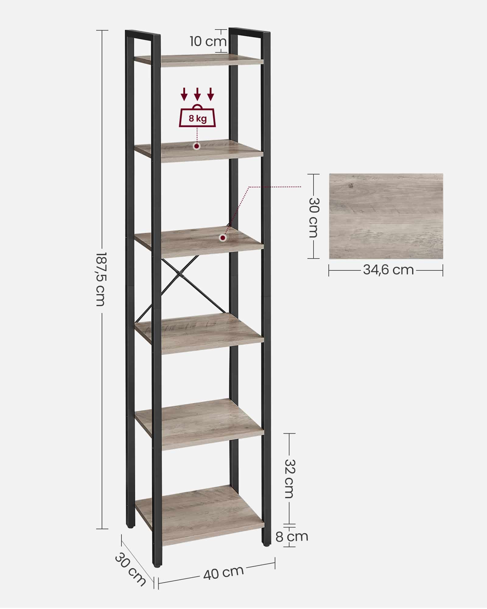 Bücherregal mit 6 Ebenen offene Ablagen greige-schwarz-B34LLS101B02 Bücherregal mit 6 Ebenen offene Ablagen greige-schwarz-B34LLS101B02