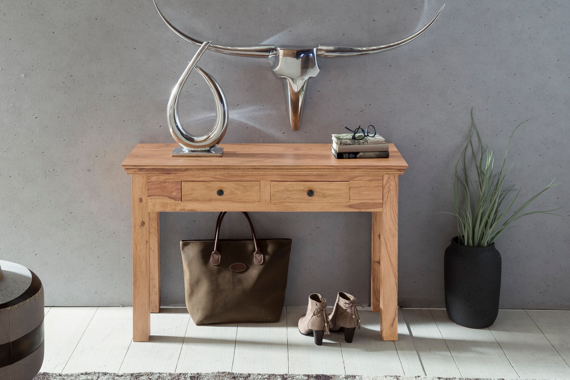 Konsolentisch MUMBAI Massivholz Akazie Konsole mit 2 Schubladen Schreibtisch 110 x 40 cm Landhaus-Stil Sideboard Konsolentisch MUMBAI Massivholz Akazie Konsole mit 2 Schubladen Schreibtisch 110 x 40 cm Landhaus-Stil Sideboard