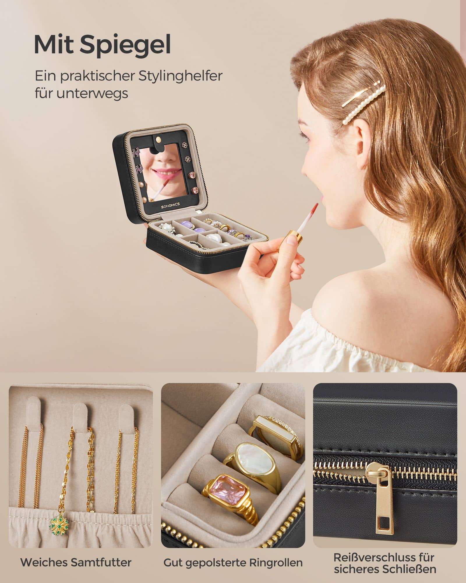 Schmuckkästchen Spiegel PU-Bezug Geschenkidee tintenschwarz