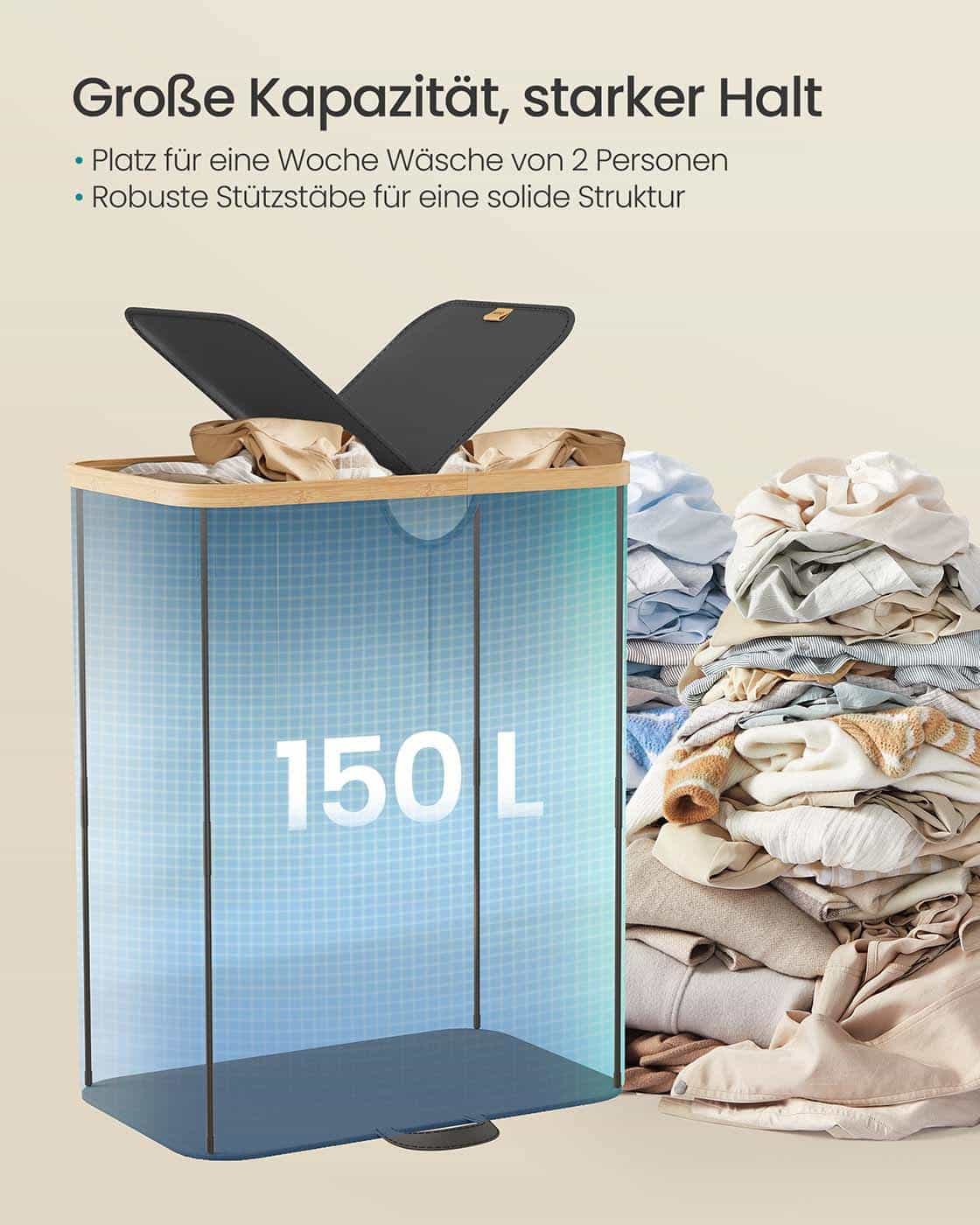 Wäschekorb mit zwei Fächern und Deckel Tintenschwarz und Naturbeige