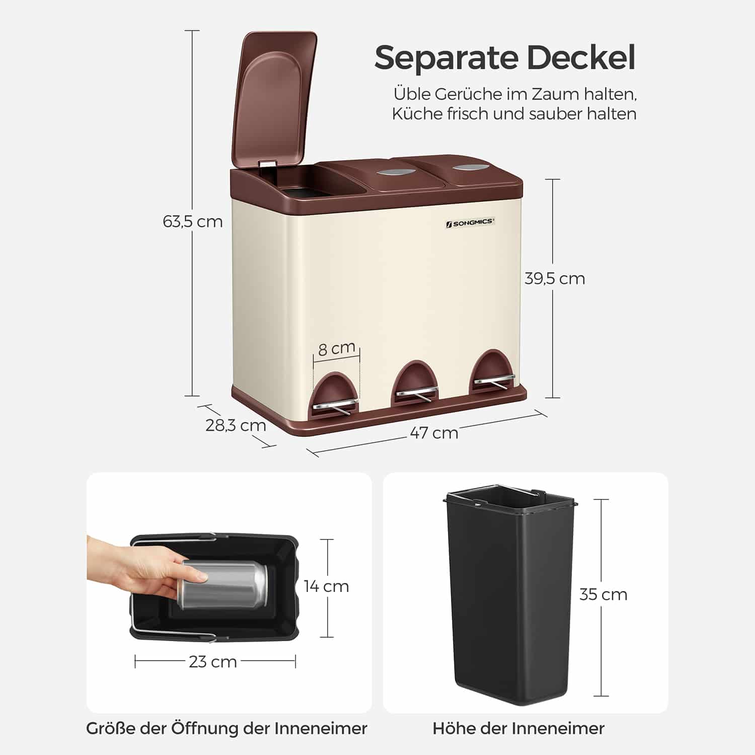 Mülleimer 3 x 8 Liter mit Deckel und Inneneimer cremeweiß-braun-LTB024A01 Mülleimer 3 x 8 Liter mit Deckel und Inneneimer cremeweiß-braun-LTB024A01