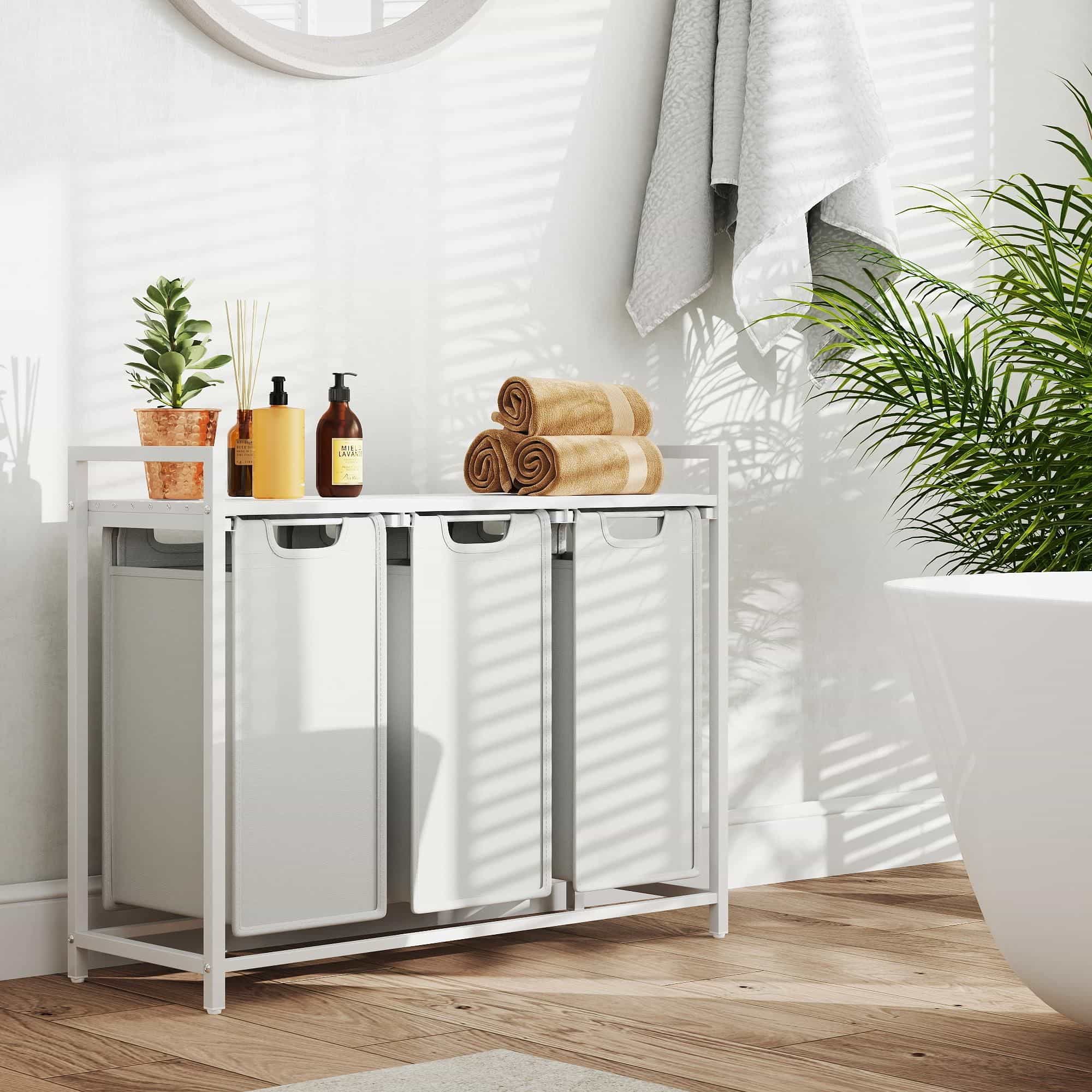 Wäschekorb 3 Fächer, Wäschesammler mit Ablage, Wäschebox Wäschekorb 3 Fächer, Wäschesammler mit Ablage, Wäschebox