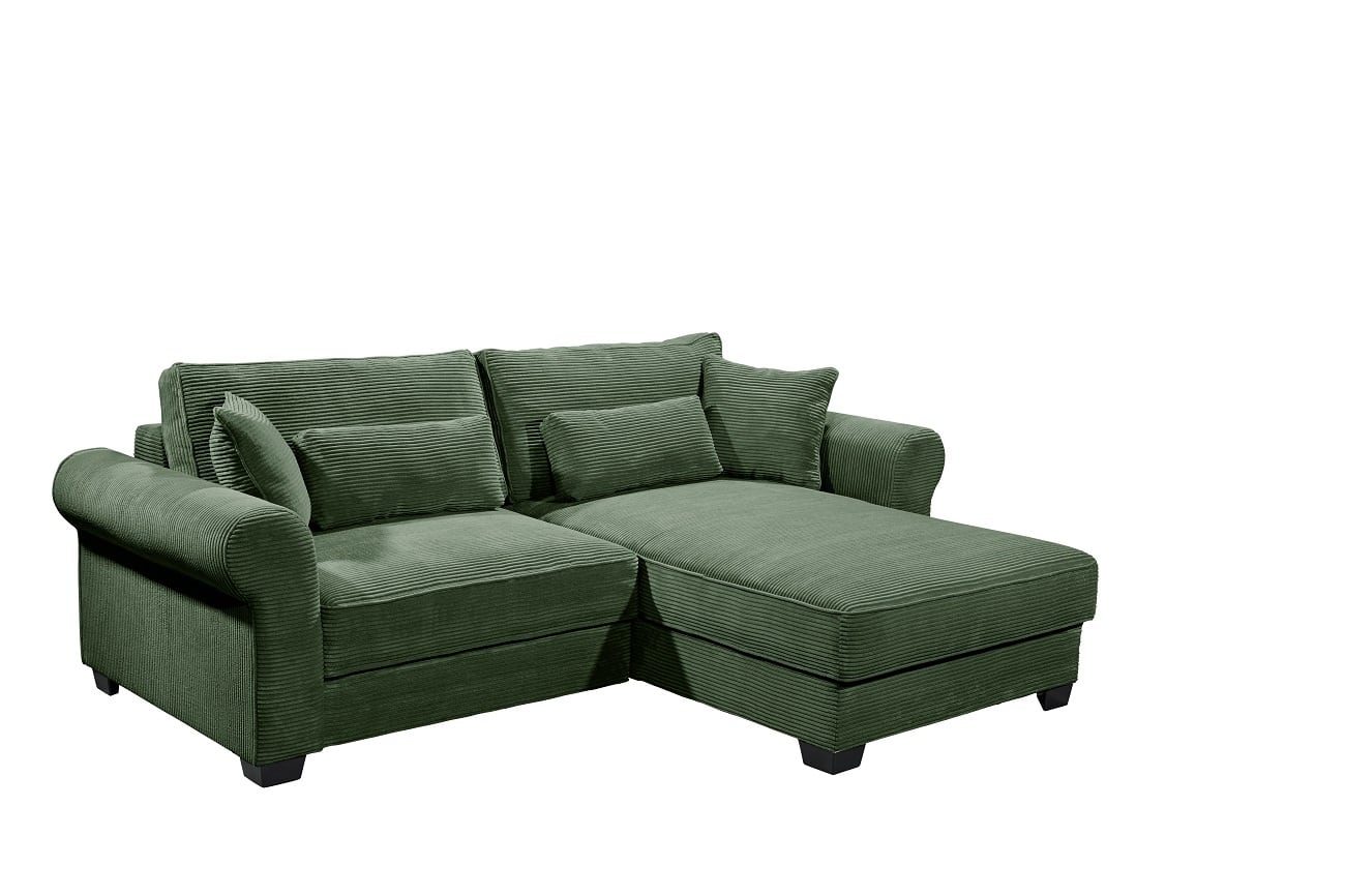 Kleines Ecksofa mit Schlaffunktion und Bettkasten "Angelina"  – Beidseitig montierbar, in verschiedenen Farben erhältlich