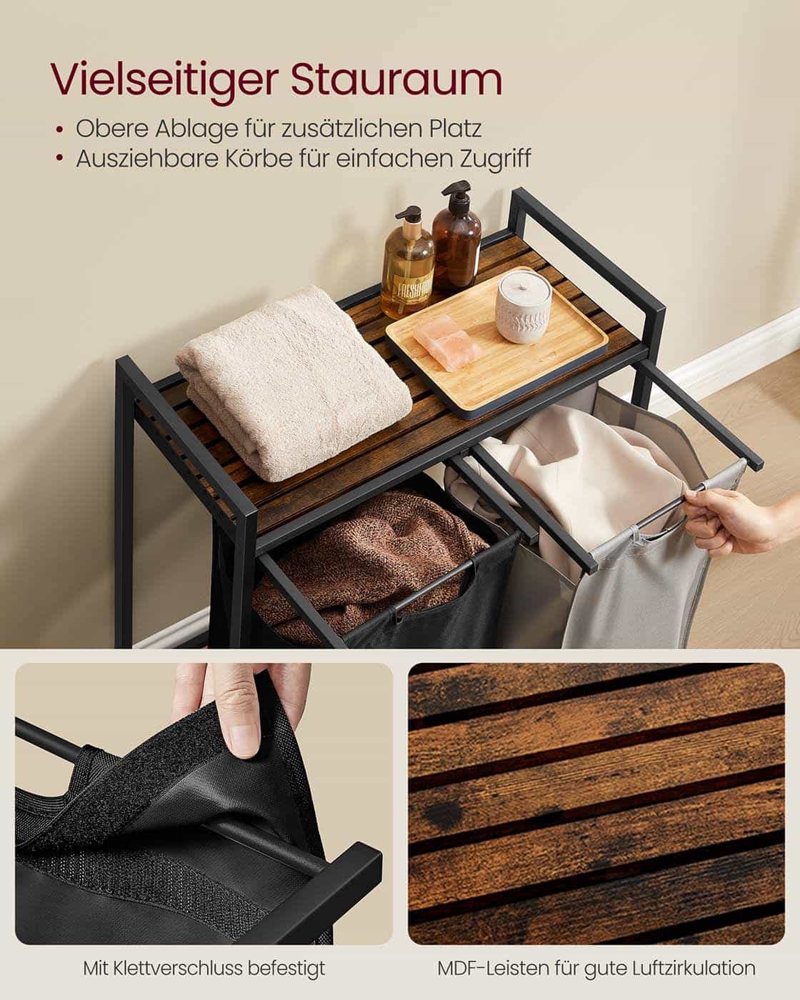 Wäschekorb 2 x 46 Liter mit Ablage 73 x 33 x 72 cm