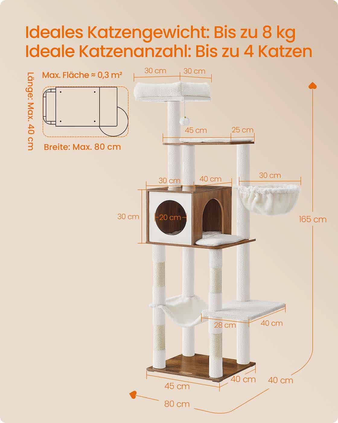 Kratzbaum groß 165 cm Höhe mit Hängematte honigbraun Kratzbaum groß 165 cm Höhe mit Hängematte honigbraun