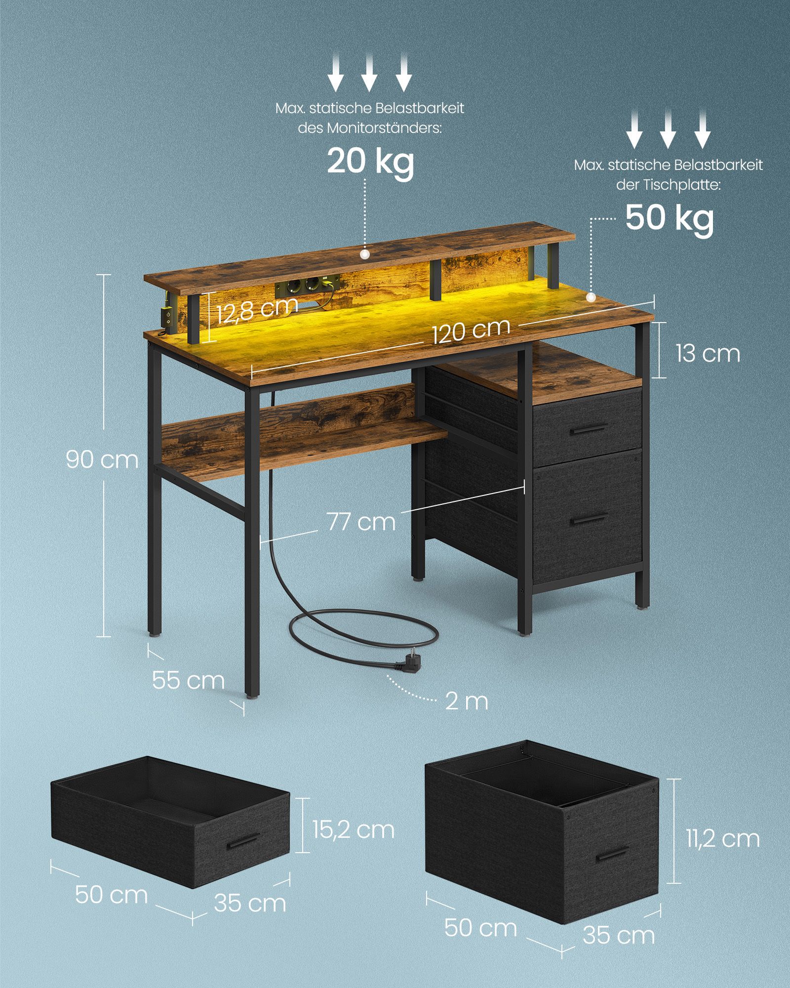 Schreibtisch mit Schubladen und Steckdosen vintagebraun Schreibtisch mit Schubladen und Steckdosen vintagebraun