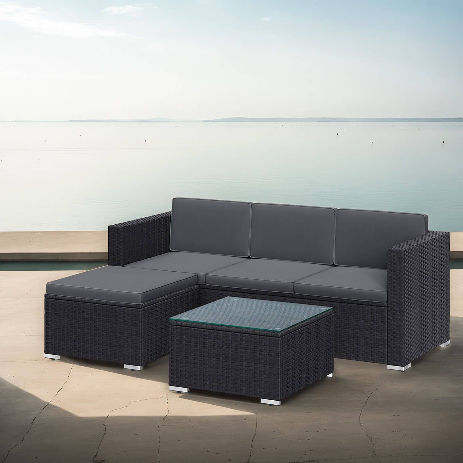 Gartenmöbel-Set, Terrassenmöbel aus PE-Polyrattan, Balkonmöbel mit Kissen und Glastisch Gartenmöbel-Set, Terrassenmöbel aus PE-Polyrattan, Balkonmöbel mit Kissen und Glastisch