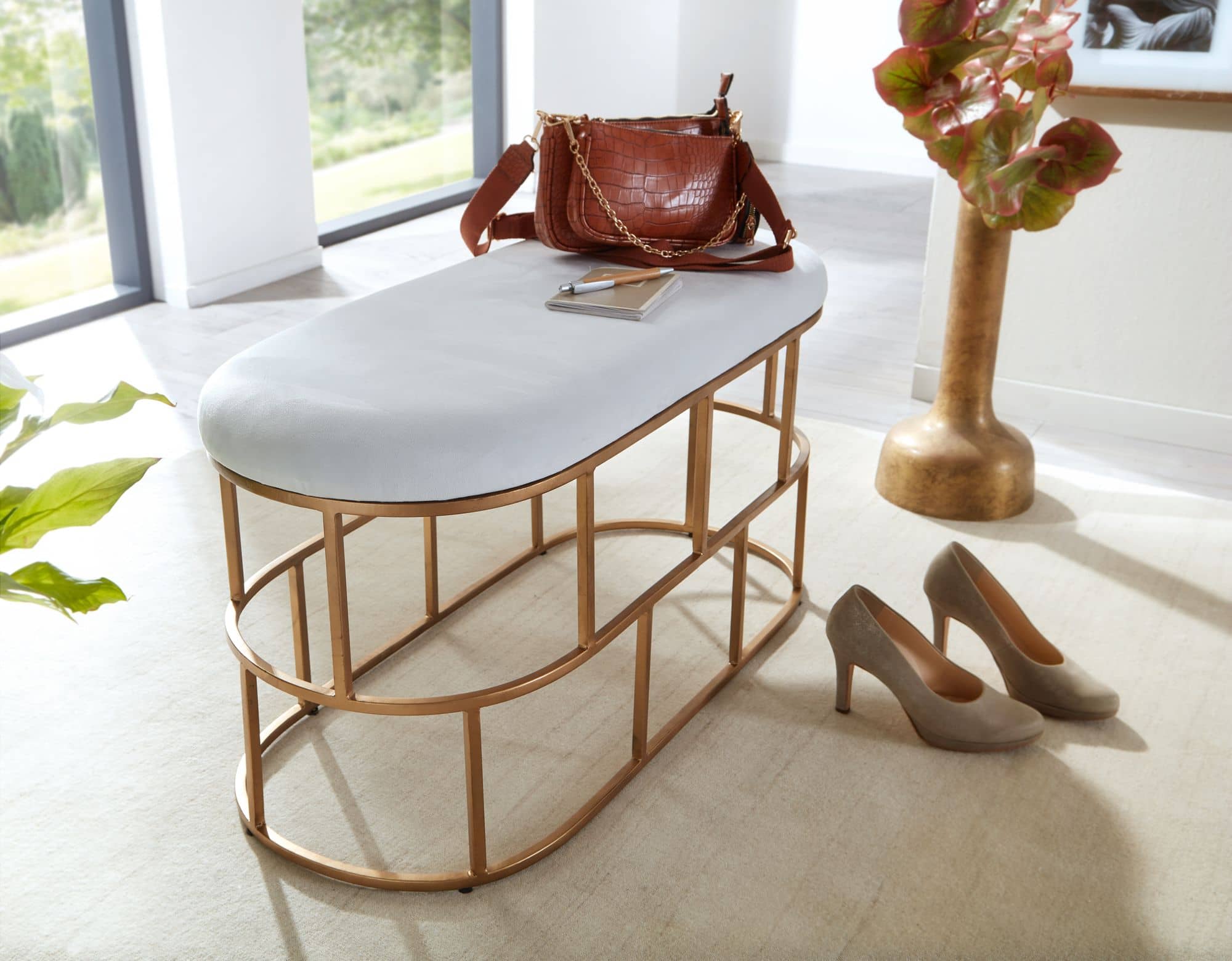 72487-Wohnling-Sitzbank-Weiss-Gold-90x38x46-cm-WL6-622 Sitzbank Samt Weiß / Gold 90x46x38 cm Flur Polsterbank mit Metallgestell
