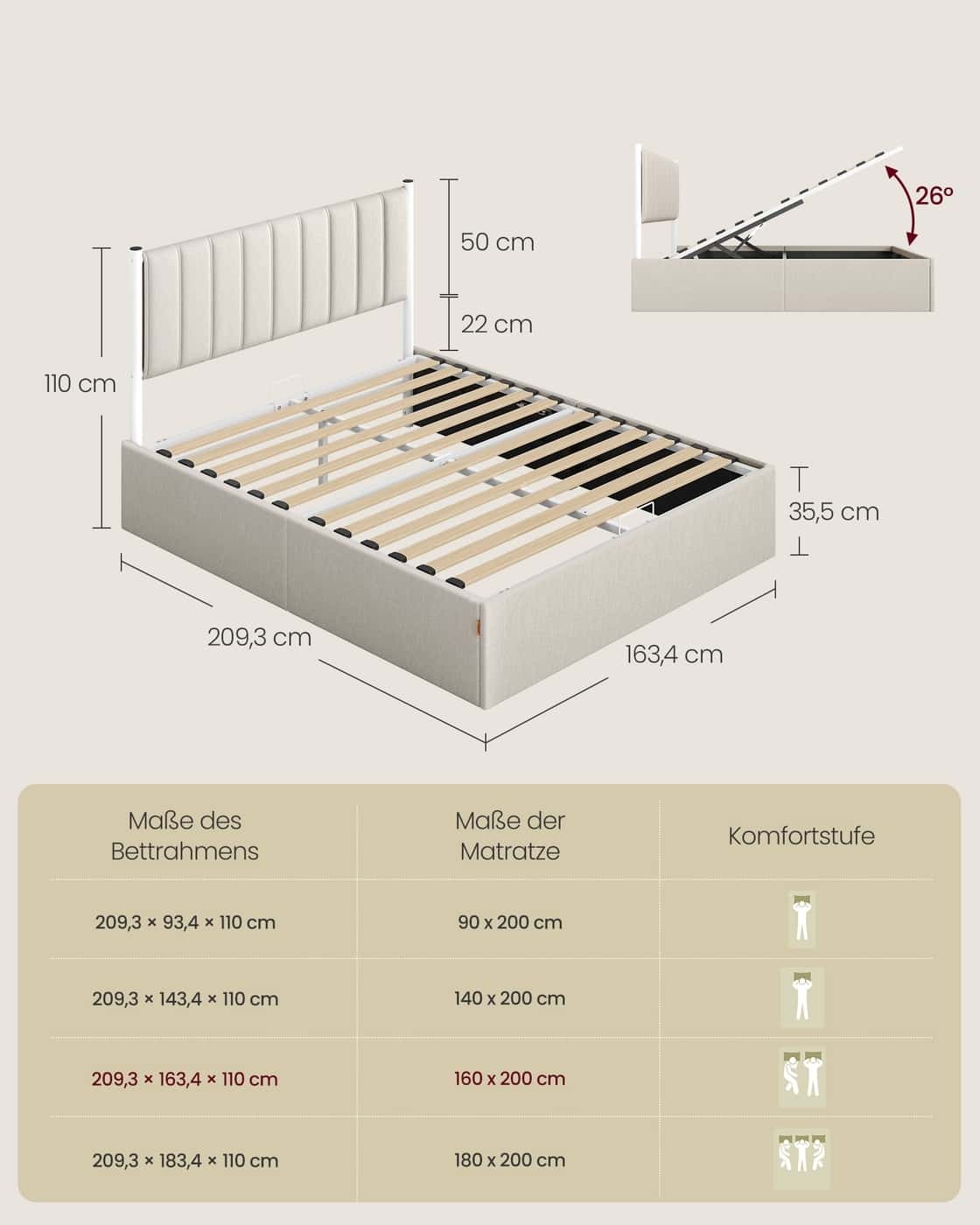 Bettgestell 160 x 200 cm mit Unterbettaufbewahrung Kopfteil cappuccinobeig Bettgestell 160 x 200 cm mit Unterbettaufbewahrung Kopfteil cappuccinobeig