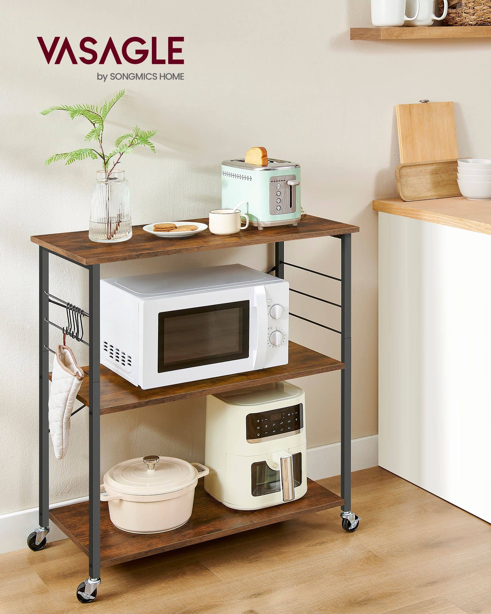 VASAGLE Küchenregal 3 Ebenen mit Rollen Vintagebraun