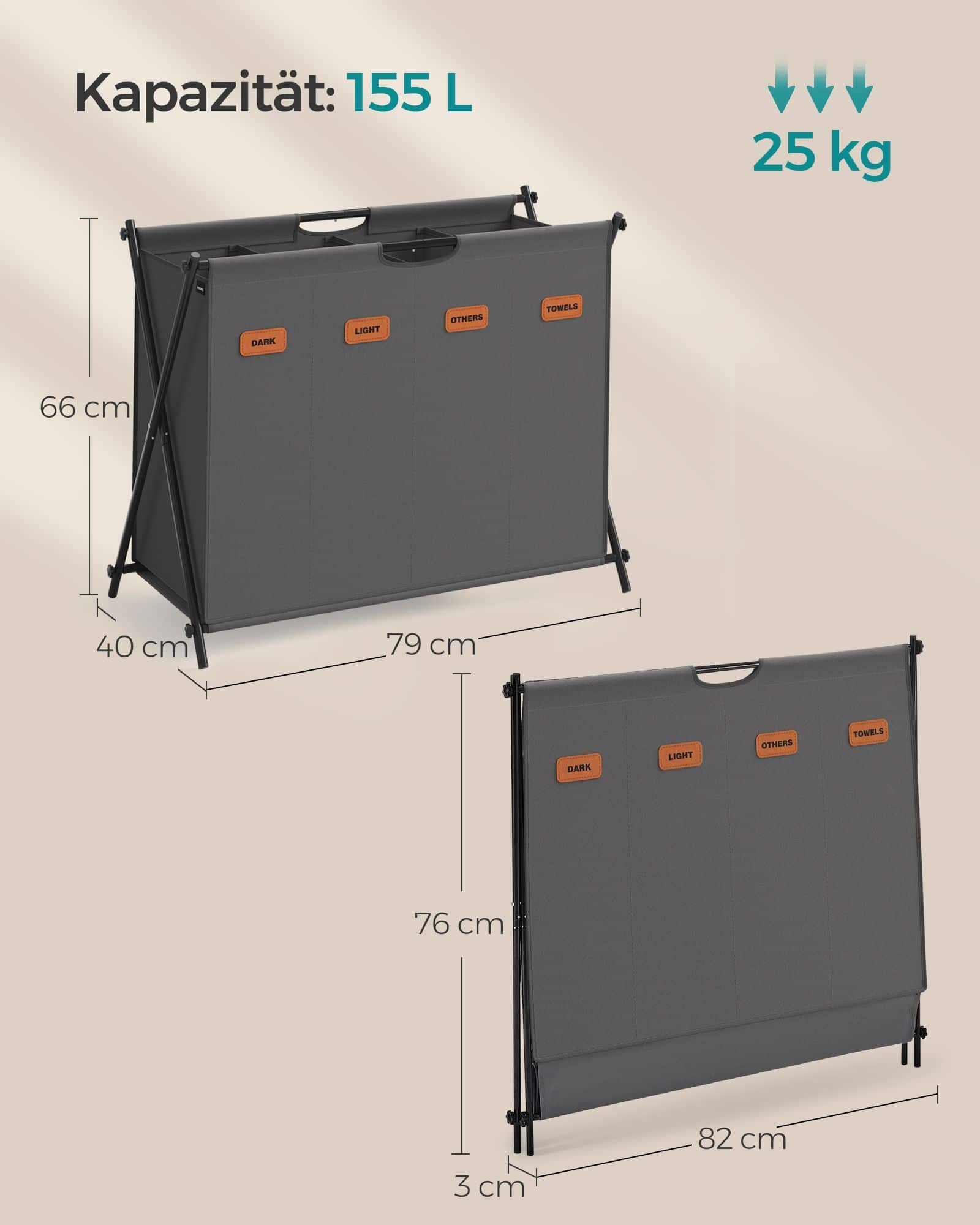 Wäschekorb 155 Liter mit 4 Fächern schiefergrau Wäschekorb 155 Liter mit 4 Fächern schiefergrau