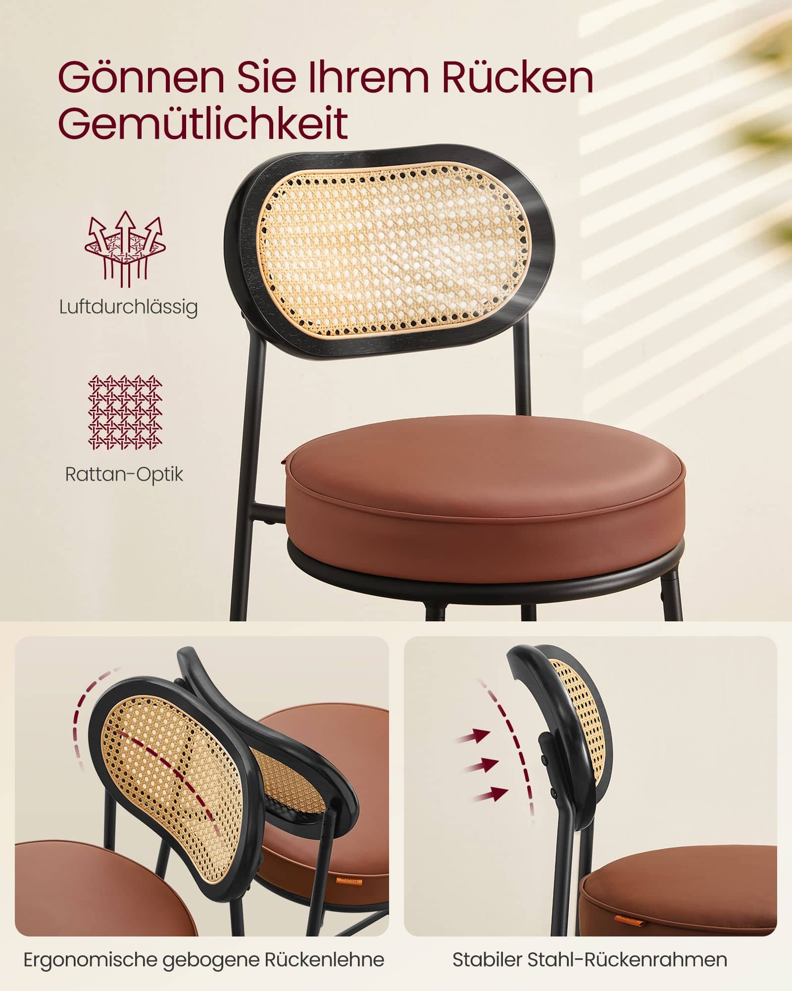 Barhocker 2 Stück hoher Hocker für Küche Frühstück mit gebogener Rückenlehne