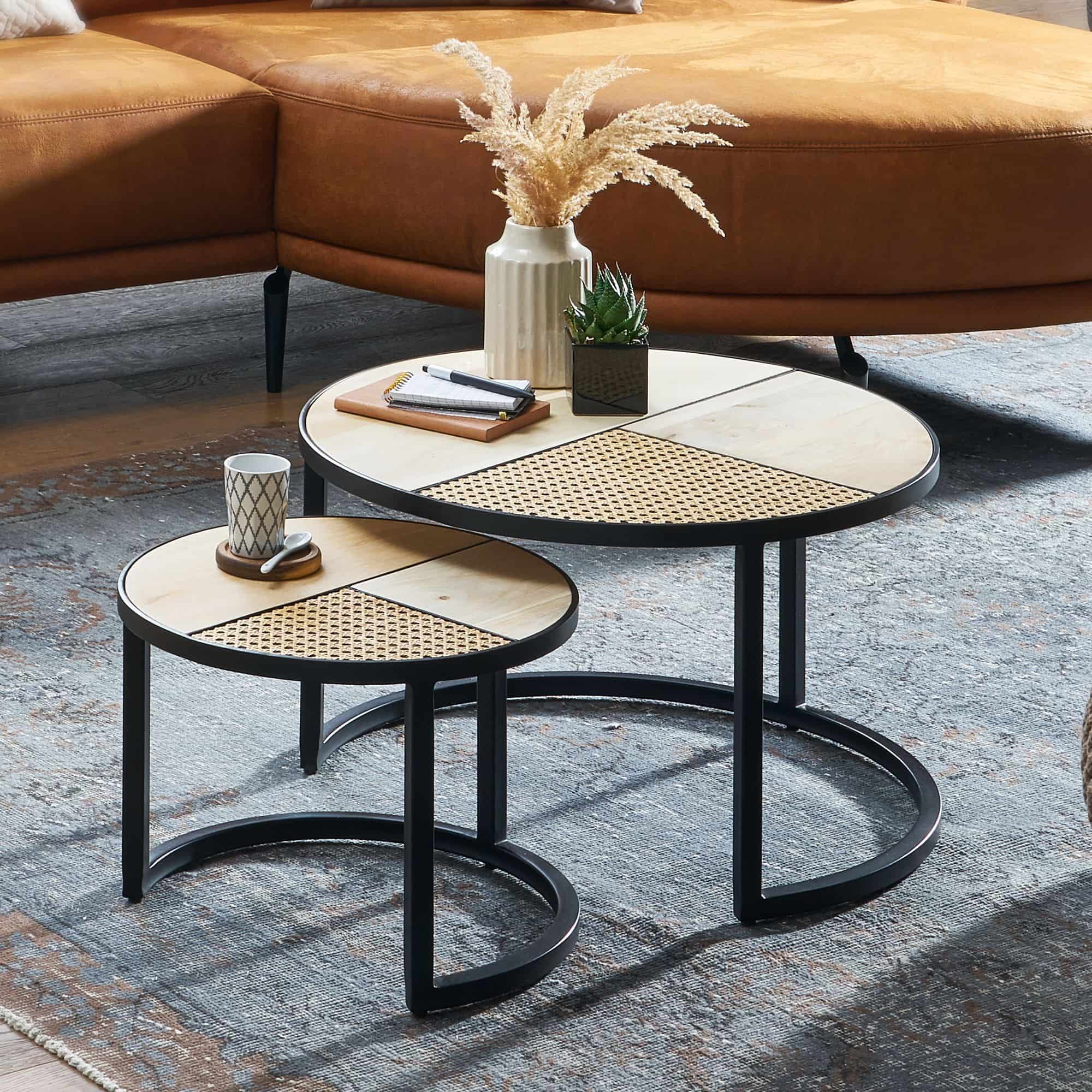 57562-WOHNLING-Couchtisch-2er-Set-Metall-WL6-312-WL6-312_3 Design Wohnzimmertisch 2er Set Mango / Rattan Beistelltisch Rund
