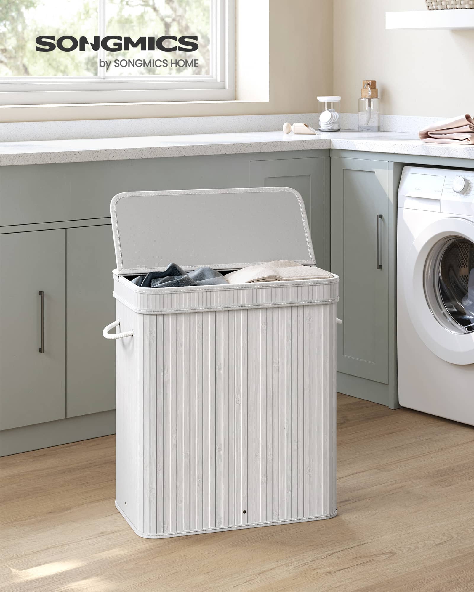 Wäschekorb 100 Liter aus Bambus mit Deckel und Griffen weiß