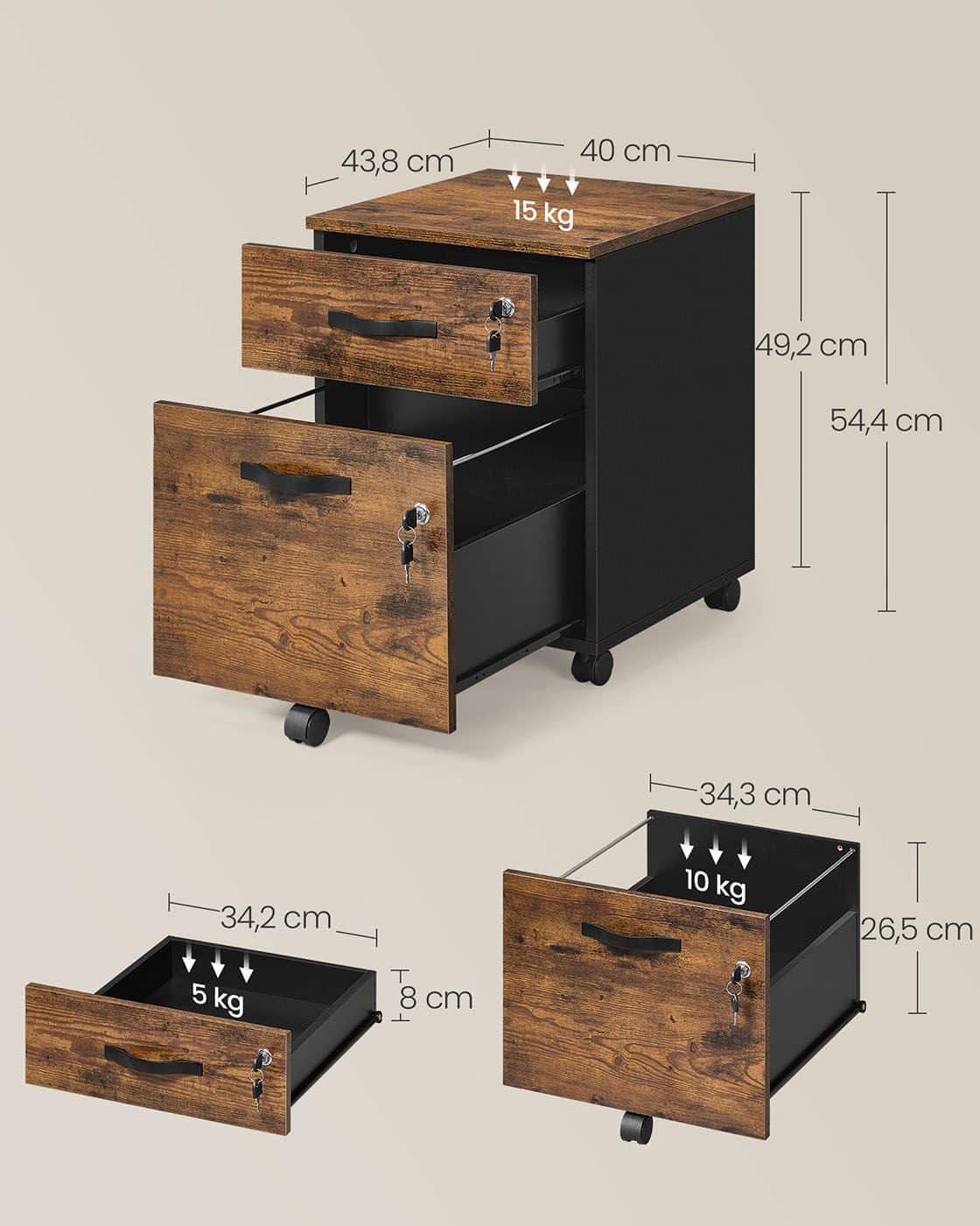 Rollcontainer abschließbar mit 2 Schubladen und 5 Rollen Rollcontainer abschließbar mit 2 Schubladen und 5 Rollen