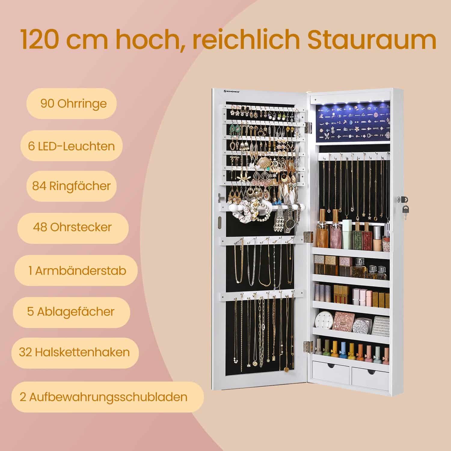 Schmuckschrank hängend, Spiegelschrank mit LED-Innenbeleuchtung, Wandschrank mit Ganzkörperspiegel Schmuckschrank hängend, Spiegelschrank mit LED-Innenbeleuchtung, Wandschrank mit Ganzkörperspiegel