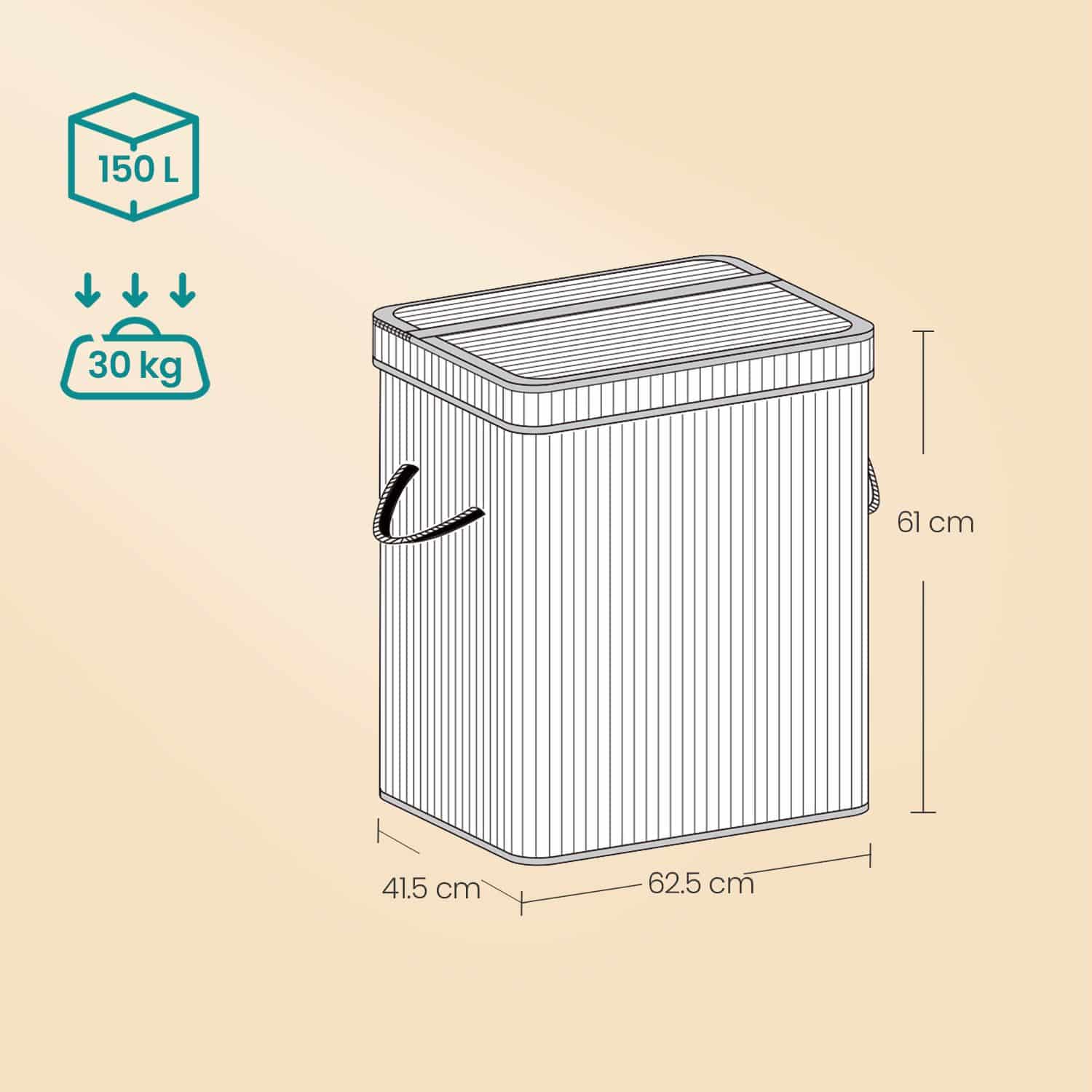 Wäschekorb mit Deckel, Wäschesammler Bambus, Wäschesack mit Griffen herausnehmbar und maschinenwaschbar