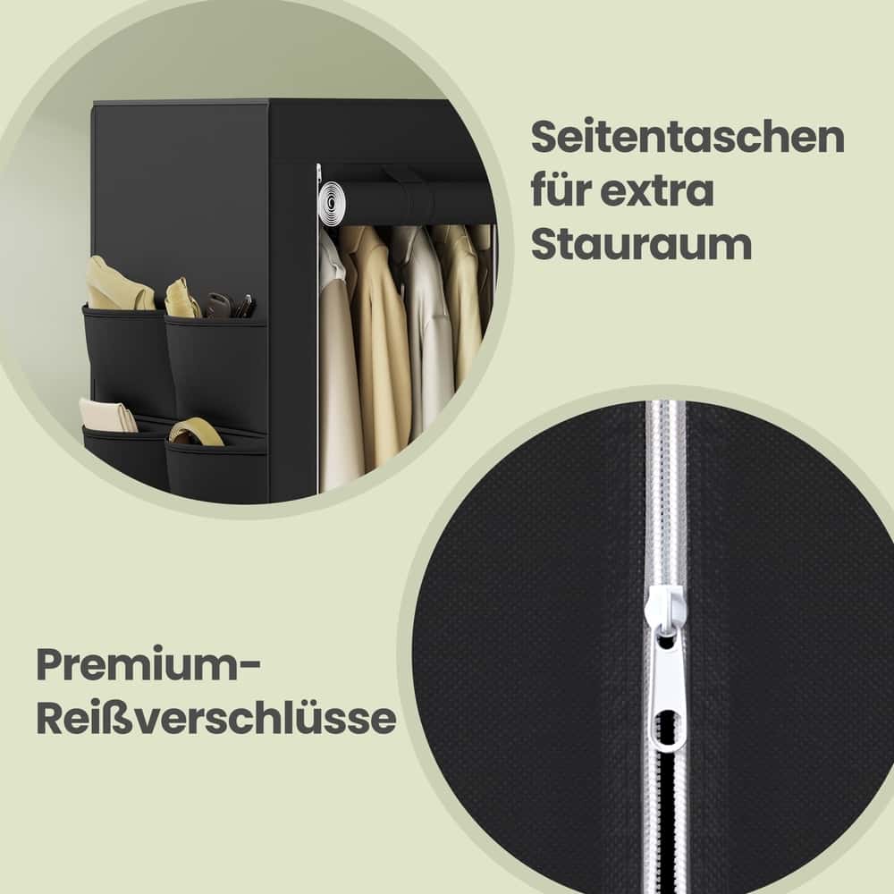 Stoffschrank mit Kleiderstange, Kleiderschrank mit Seitentaschen, Schrank für Schlafzimmer