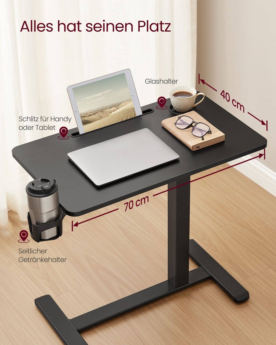 Mobiler Beistelltisch mit Rollen und Getränkehaltern Tintenschwarz Mobiler Beistelltisch mit Rollen und Getränkehaltern Tintenschwarz