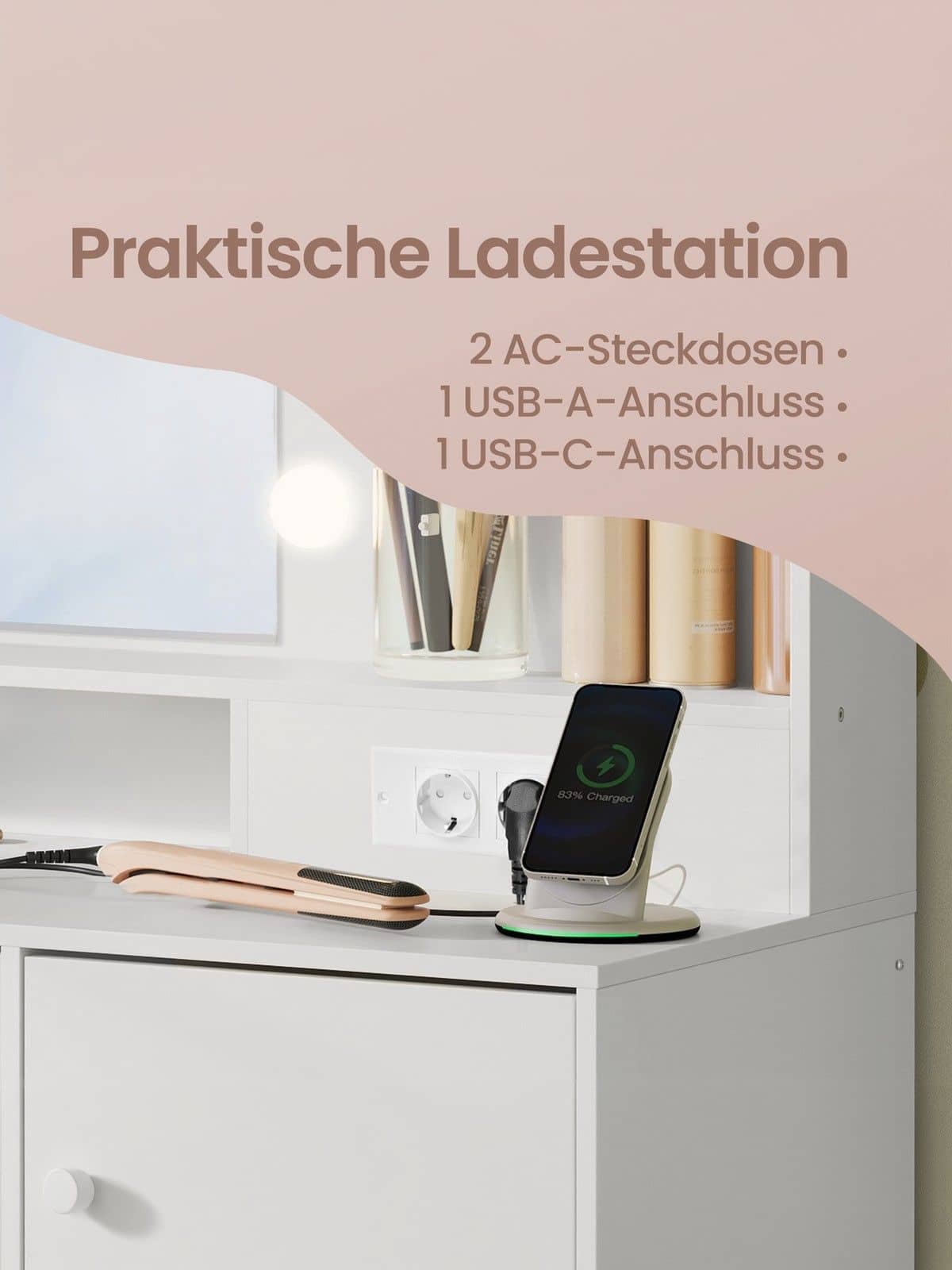 Schminkkommode, mit Spiegel und Beleuchtung, Ladestation Schminkkommode, mit Spiegel und Beleuchtung, Ladestation