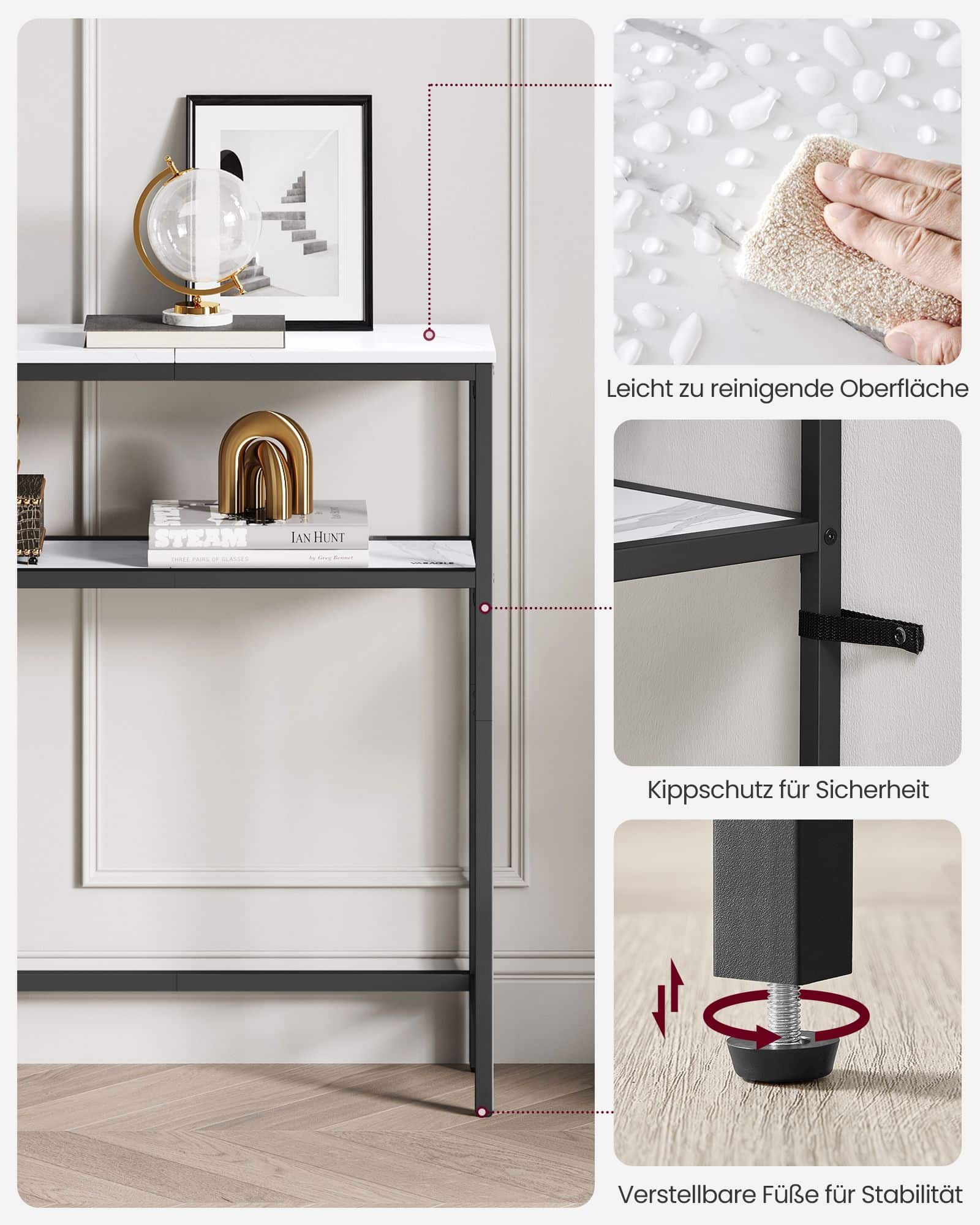 schmaler Sofatisch mit 2 Ablagen marmorweiß-tintenschwarz schmaler Sofatisch mit 2 Ablagen marmorweiß-tintenschwarz