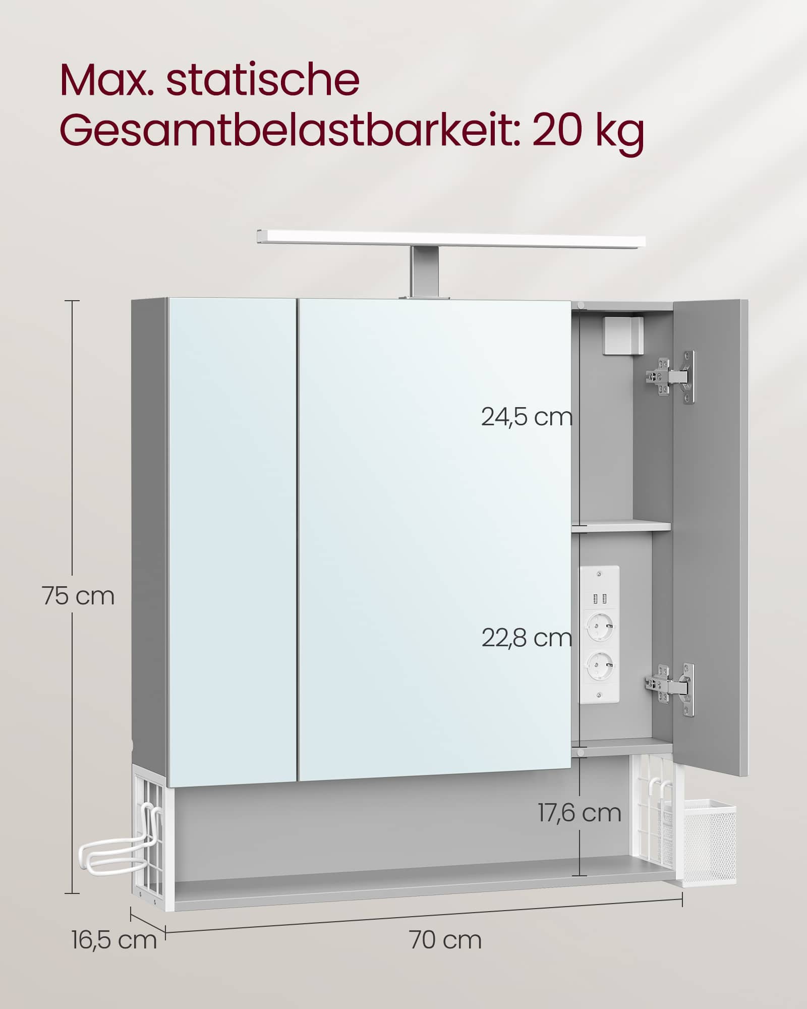 Badschrank mit Steckdosen und 3 Türen wolkenweiß-taubengrau Badschrank mit Steckdosen und 3 Türen wolkenweiß-taubengrau