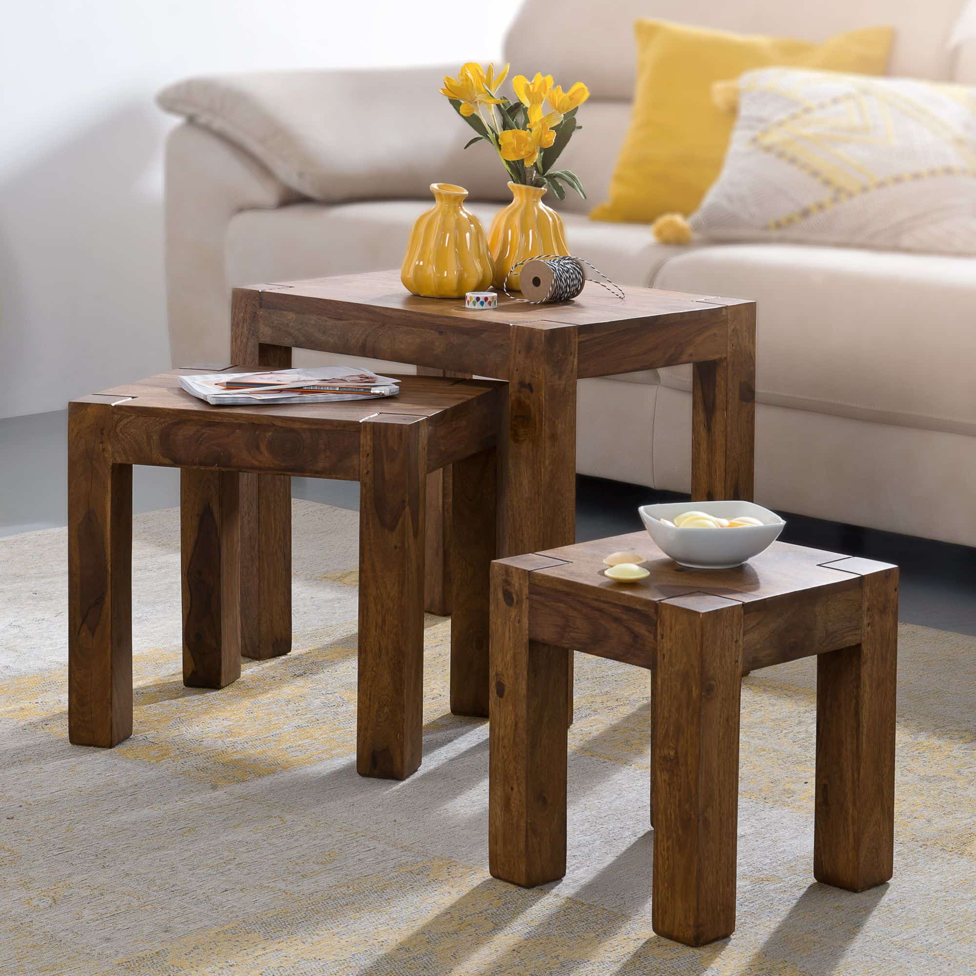 31317-WOHNLING-3er-Set-Satztisch-MUMBAI-Massiv-Holz 3er Set Satztisch Massiv-Holz Sheesham Wohnzimmer-Tisch Landhaus-Stil Beistelltisch dunkel-braun Naturholz