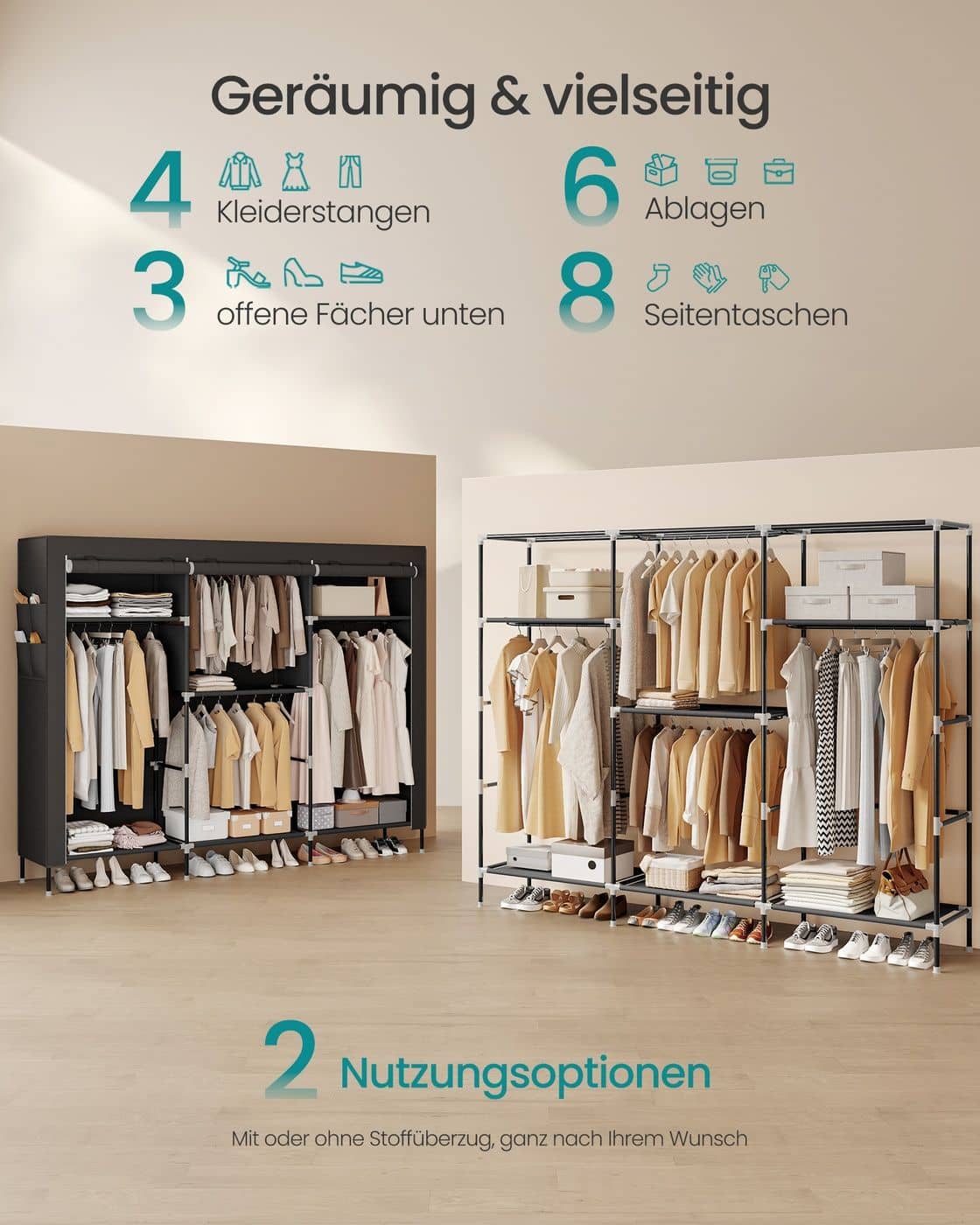 Stoffkleiderschrank mit Kleiderstange und praktischen Ablagen