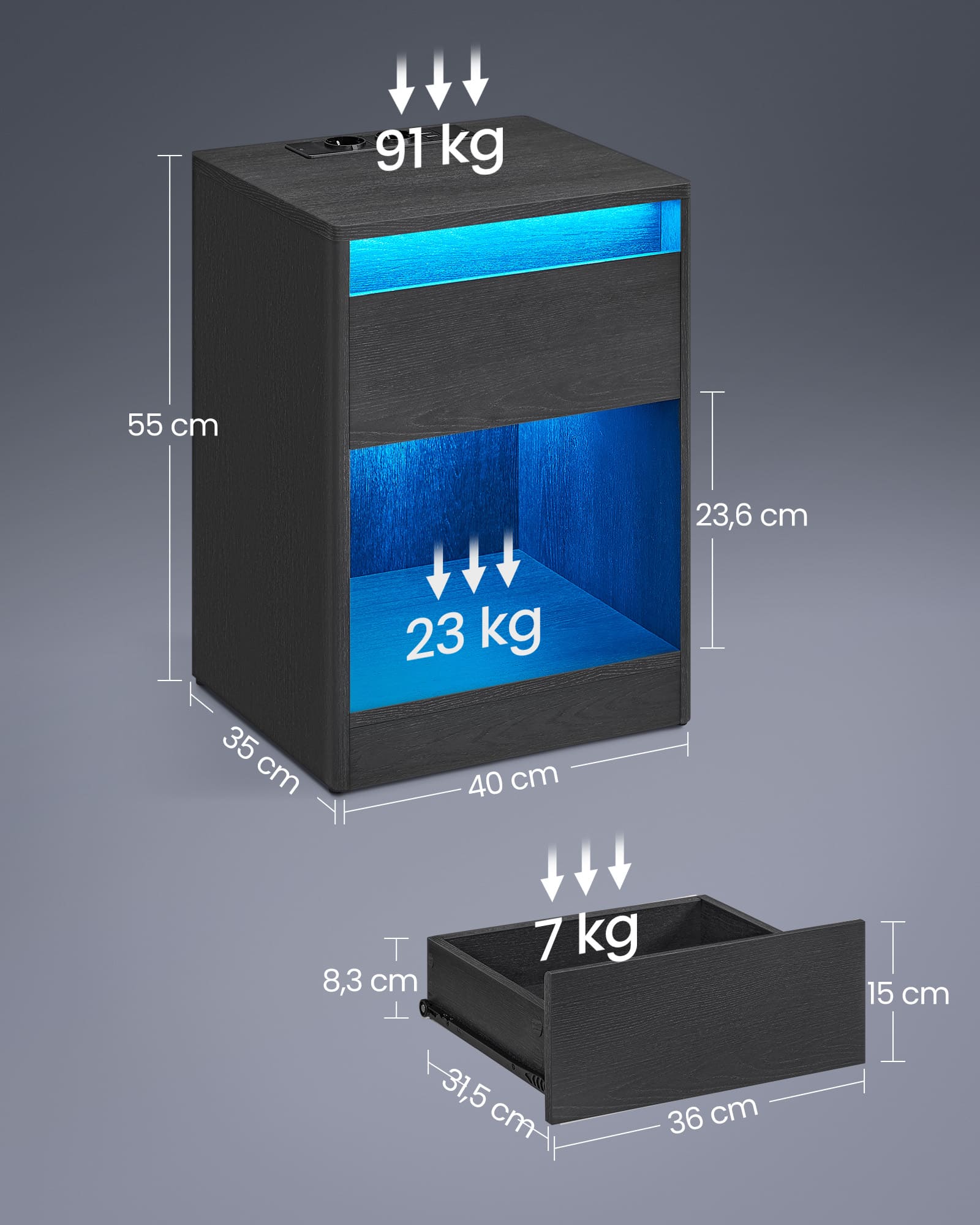 Nachttisch mit LED-Beleuchtung modern aschschwarz Nachttisch mit LED-Beleuchtung modern aschschwarz