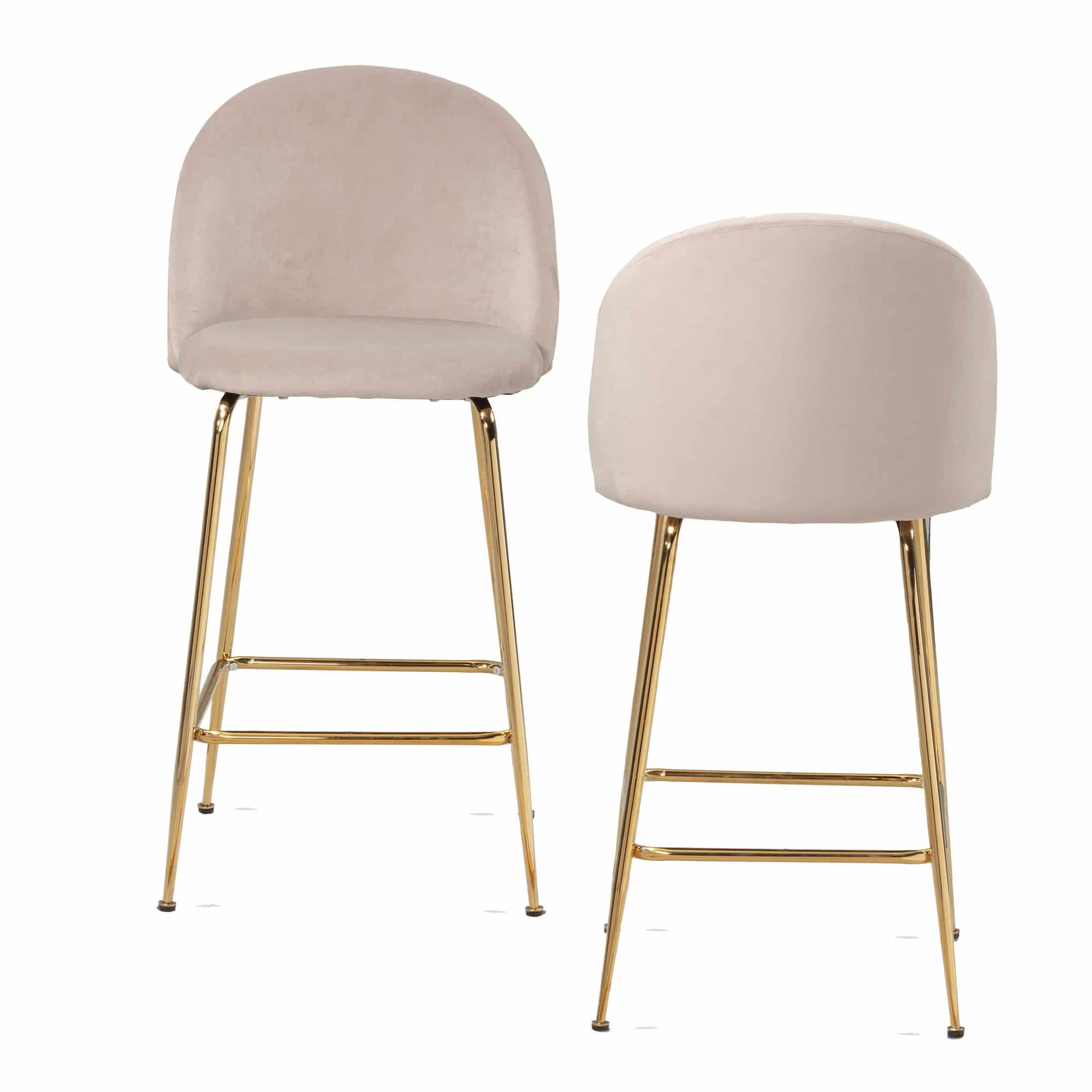 2er Set Barhocker Samt Beige Hocker mit Lehne & goldenen Beinen 2er Set Barhocker Samt Beige Hocker mit Lehne & goldenen Beinen