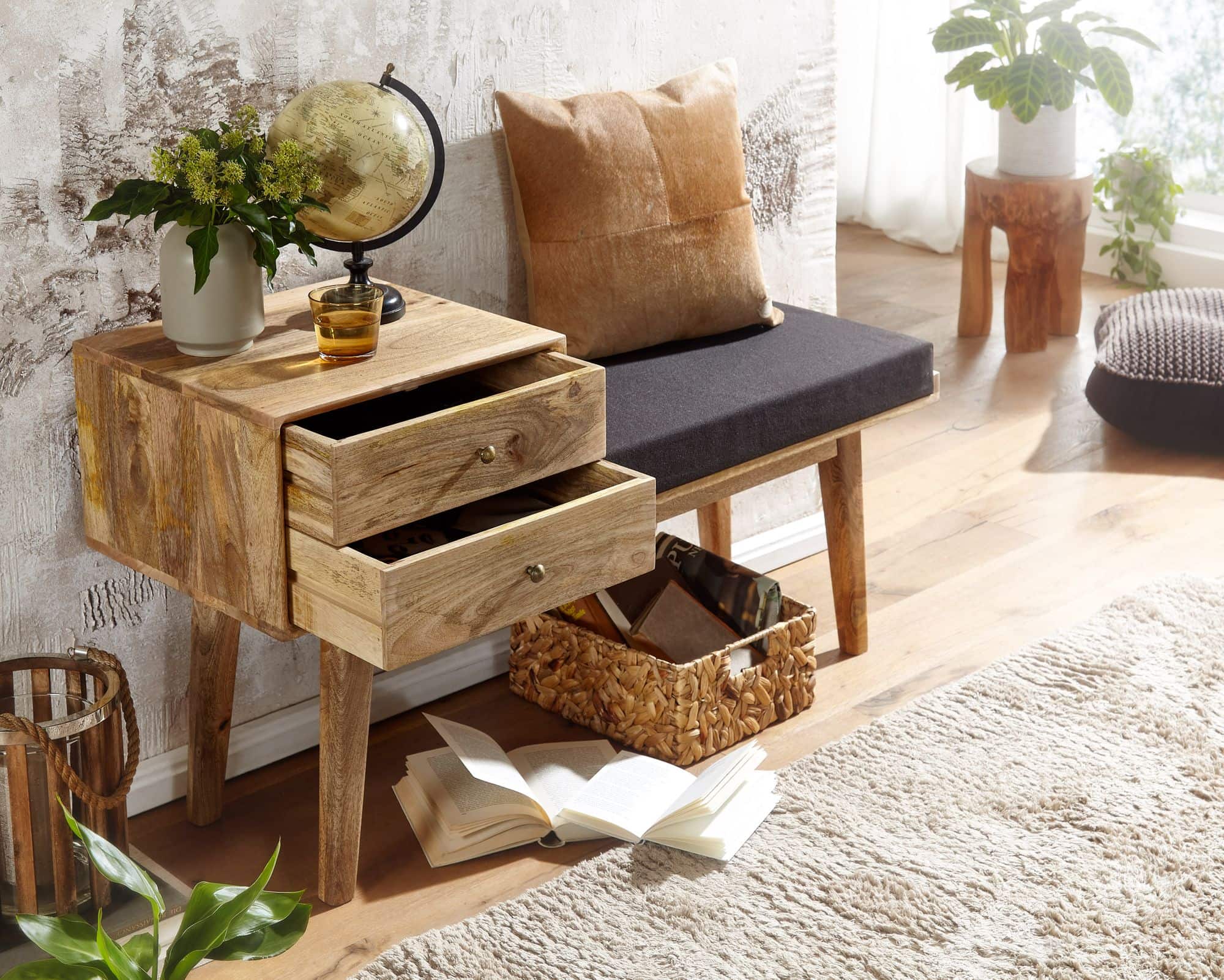 64428-Wohnling-Sitzbank-mit-2-Schublaeden-und-schwarzen-Stoffbezug-120x40x65-cm-WL6-485-WL6-485_5 Sitzbank Stoff / Massivholz Bank 120x65x40 cm im Retro Stil