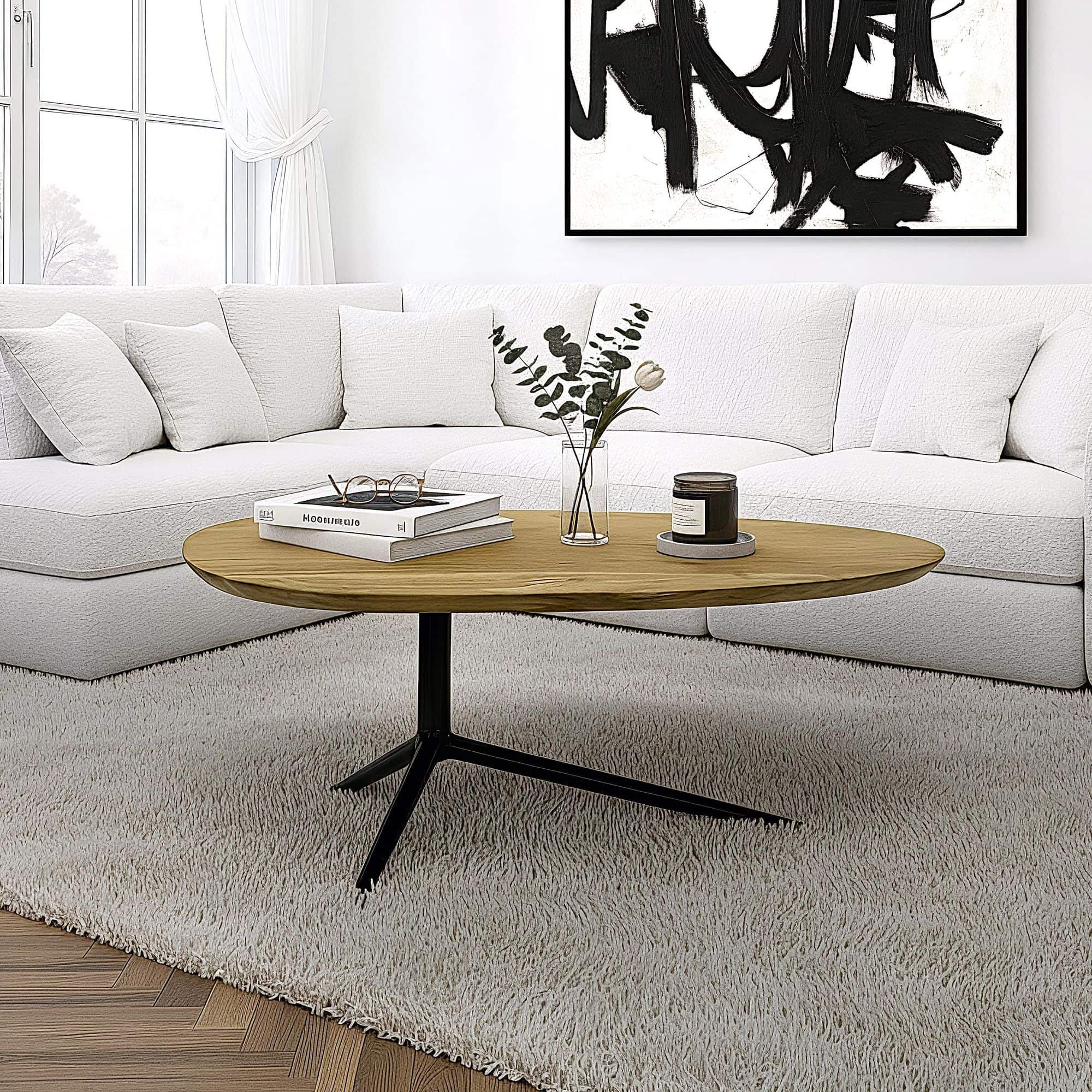 Couchtisch Akazie Massivholz oval 87cm · Ovaler Design Wohnzimmertisch mit schwarzem Metallgestell · Moderner Sofatisch handgefertigt