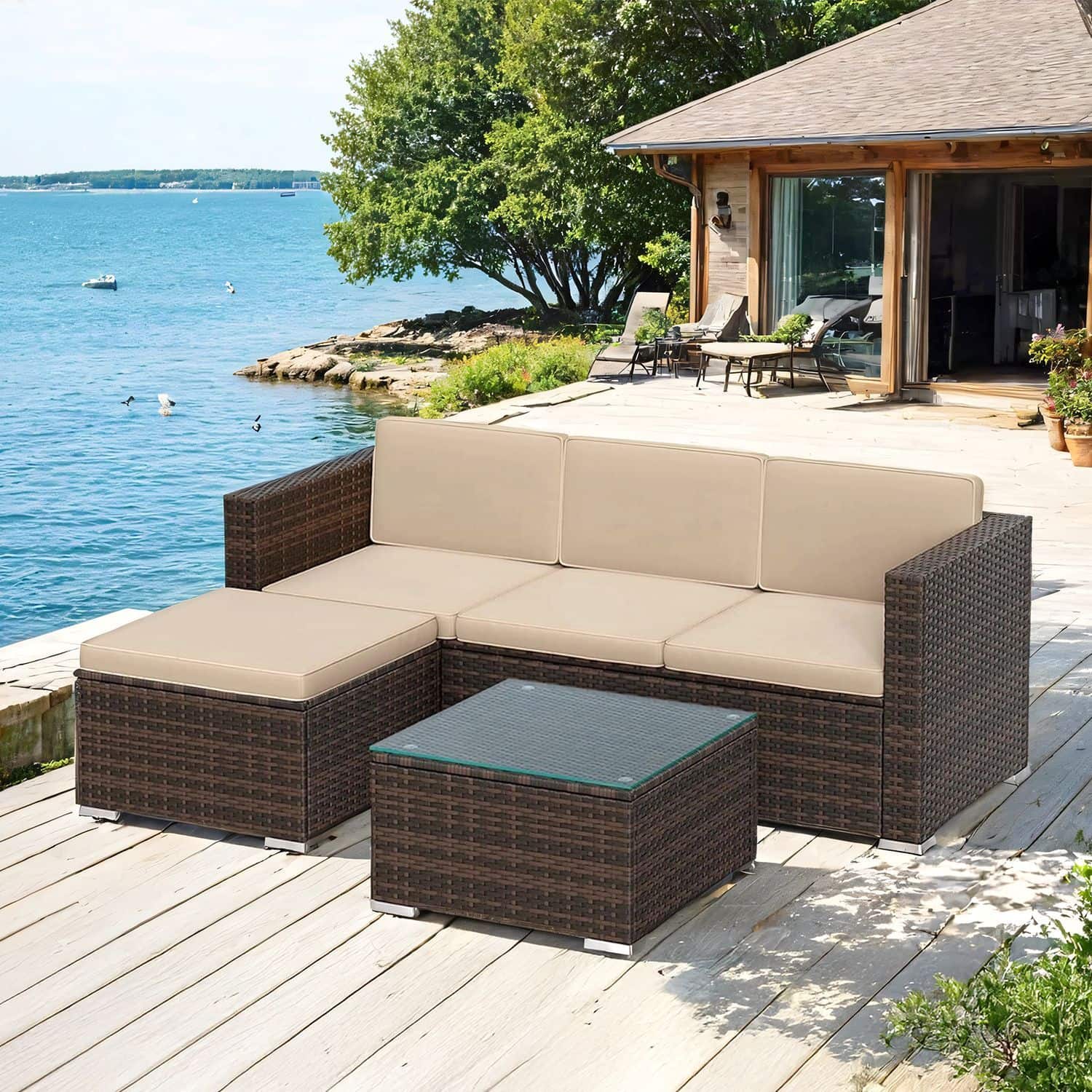 Gartenmöbel-Set, Terrassenmöbel aus PE-Polyrattan, Balkonmöbel mit Kissen und Glastisch Gartenmöbel-Set, Terrassenmöbel aus PE-Polyrattan, Balkonmöbel mit Kissen und Glastisch