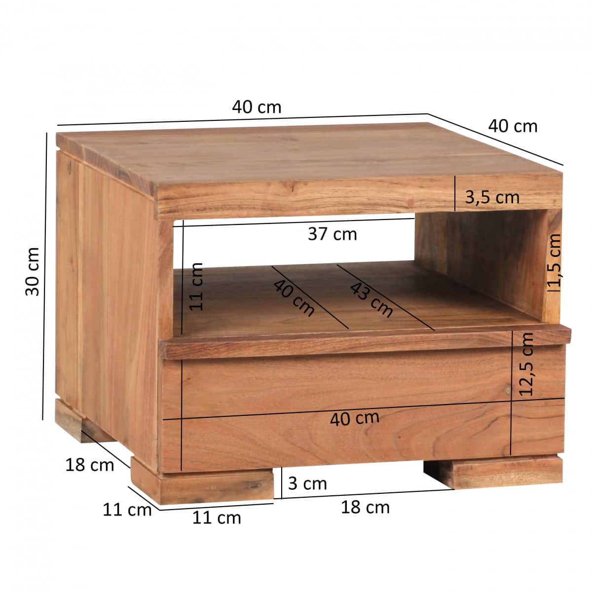 38522-Wohnling-Akazie-Nachtkonsole-40-x-45-cm-WL1_1 Nachttisch MUMBAI Massiv-Holz Akazie Nacht-Kommode 30 cm 1 Schublade Ablage Nachtschrank Landhaus-Stil Echt-Holz