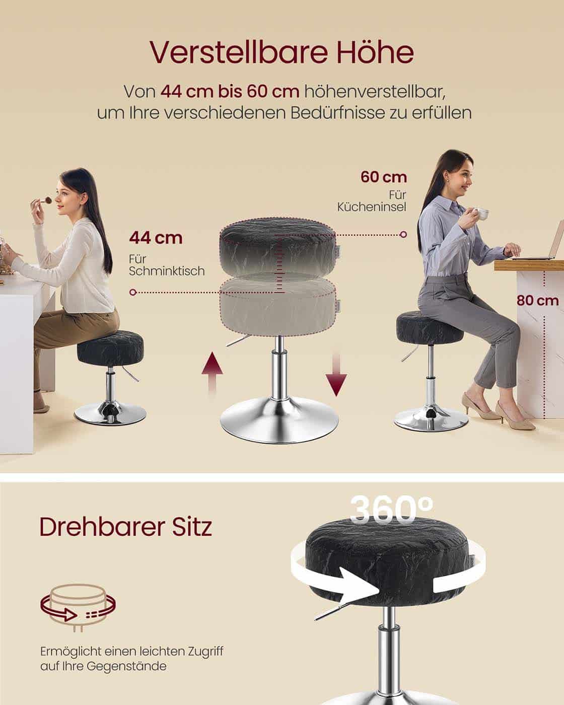 Höhenverstellbarer und 360° drehbarer Schminkhocker tintenschwarz Höhenverstellbarer und 360° drehbarer Schminkhocker tintenschwarz