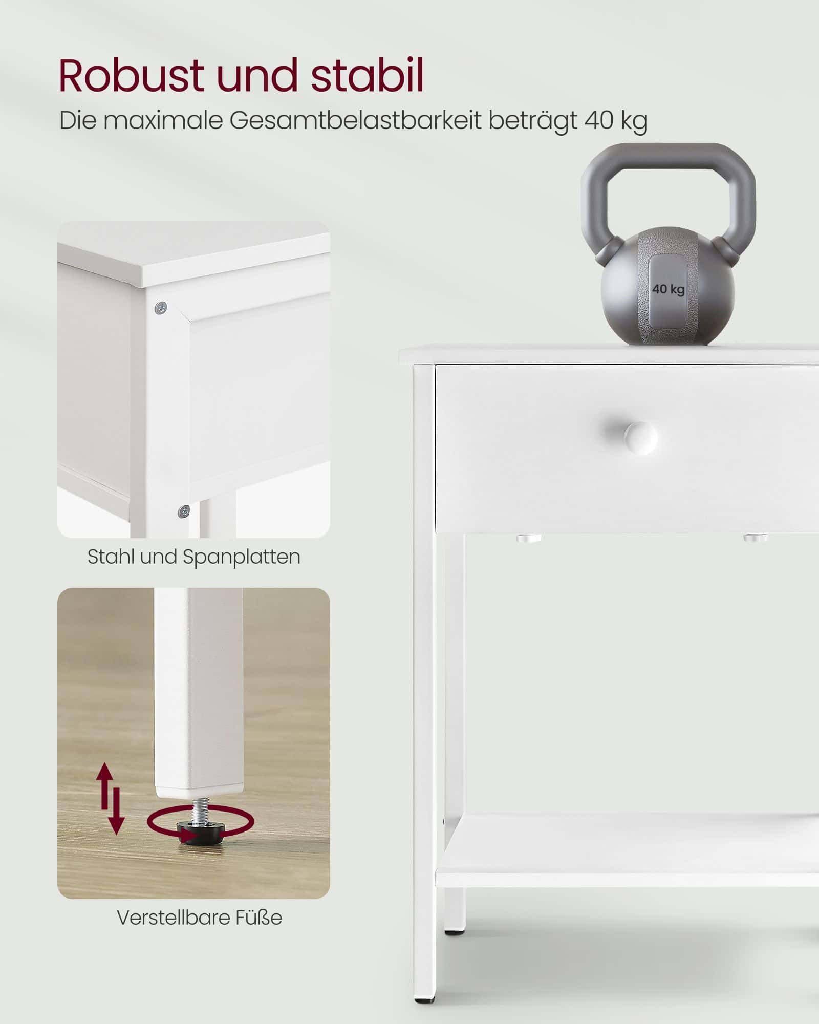 Nachtkommode mit Stahlrahmen und einfachem Aufbau Nachtkommode mit Stahlrahmen und einfachem Aufbau