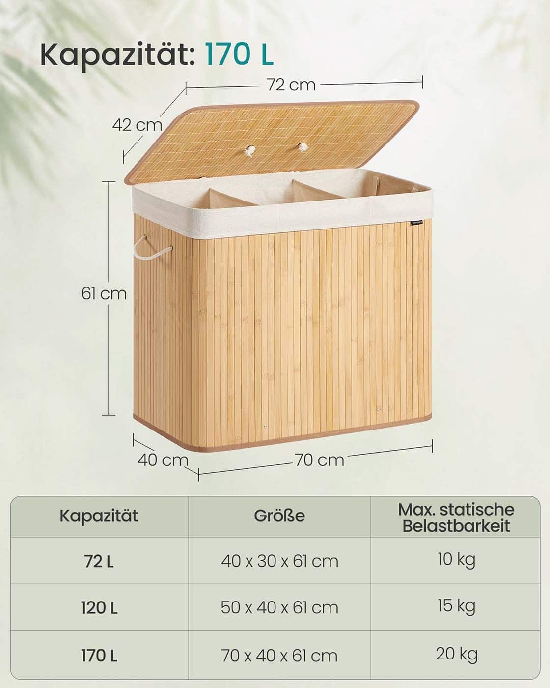 Wäschekorb mit 3 Fächern und herausnehmbarem Wäschesack Naturfarben Wäschekorb mit 3 Fächern und herausnehmbarem Wäschesack Naturfarben