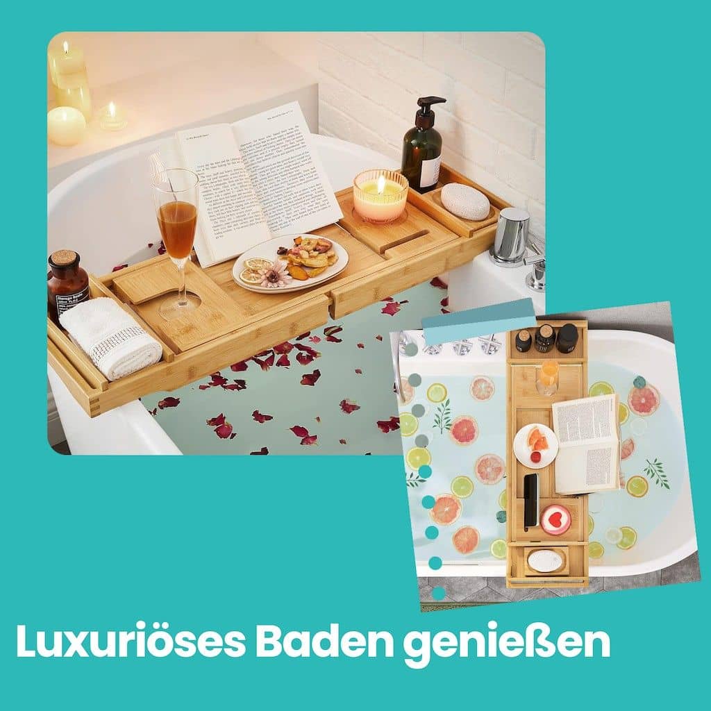 Ausziehbare Badewannenablage aus Bambus verstellbares Badewannenbrett Badewannen Ablagen, mit Getränkehalter, Buchstütze Ausziehbare Badewannenablage aus Bambus verstellbares Badewannenbrett Badewannen Ablagen, mit Getränkehalter, Buchstütze