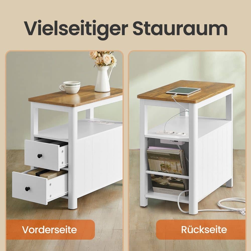 Beistelltisch, schmaler Nachttisch mit Steckdosenleiste, 2 Schubladen