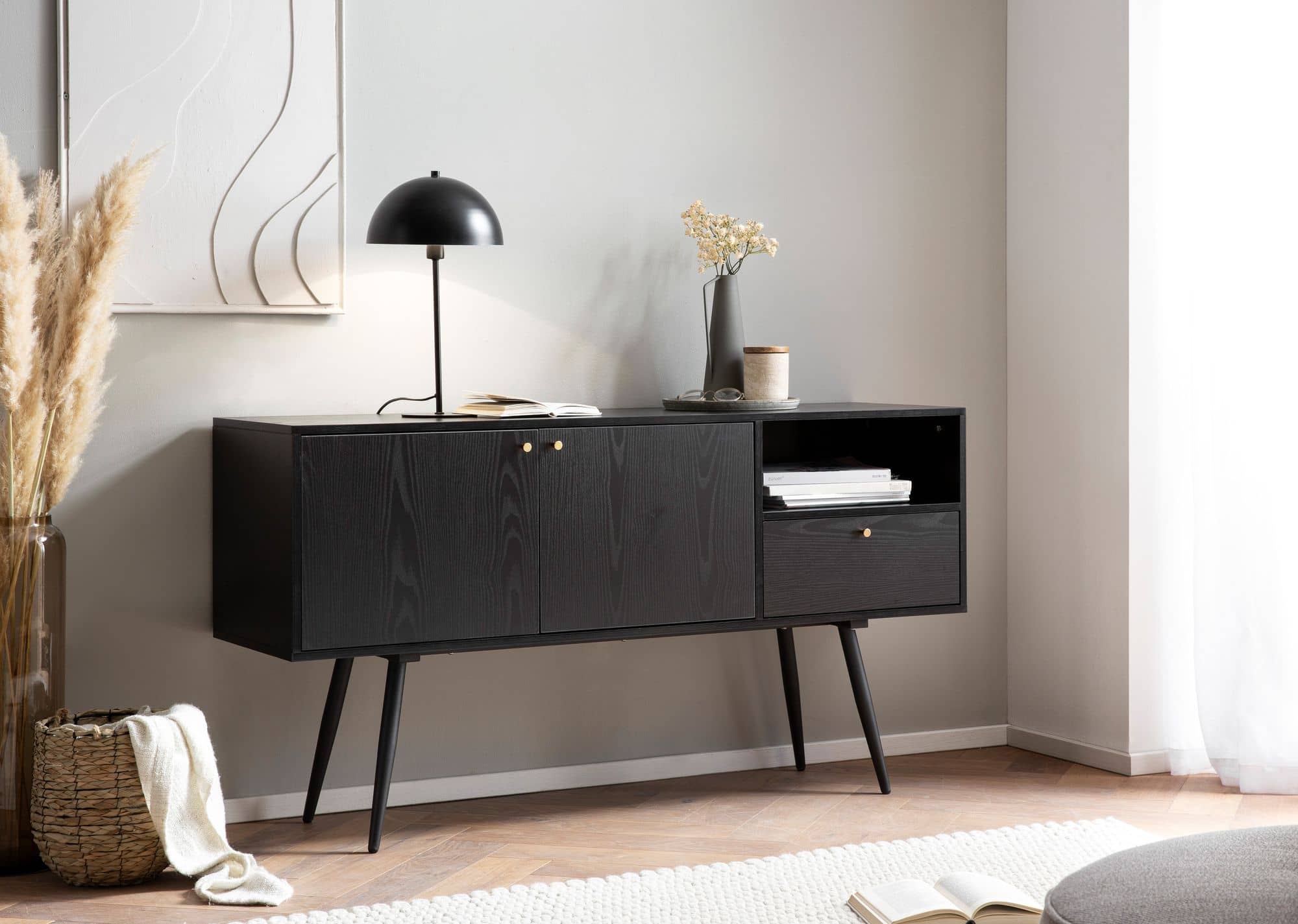 Sideboard 140x75x40 cm Kommode Schwarz mit Eiche-Dekor Zeitlos Sideboard 140x75x40 cm Kommode Schwarz mit Eiche-Dekor Zeitlos