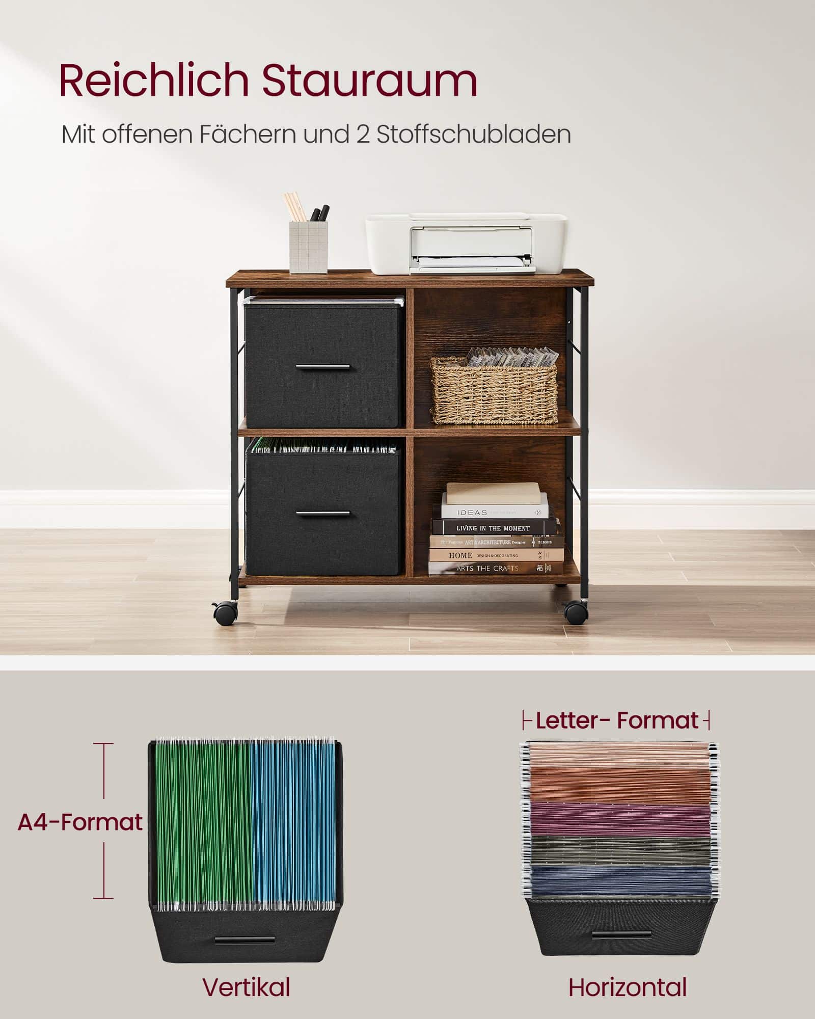 Büroschrank mit 2 Stoffschubladen Letter-Format vintagebraun-tintenschwarz Büroschrank mit 2 Stoffschubladen Letter-Format vintagebraun-tintenschwarz