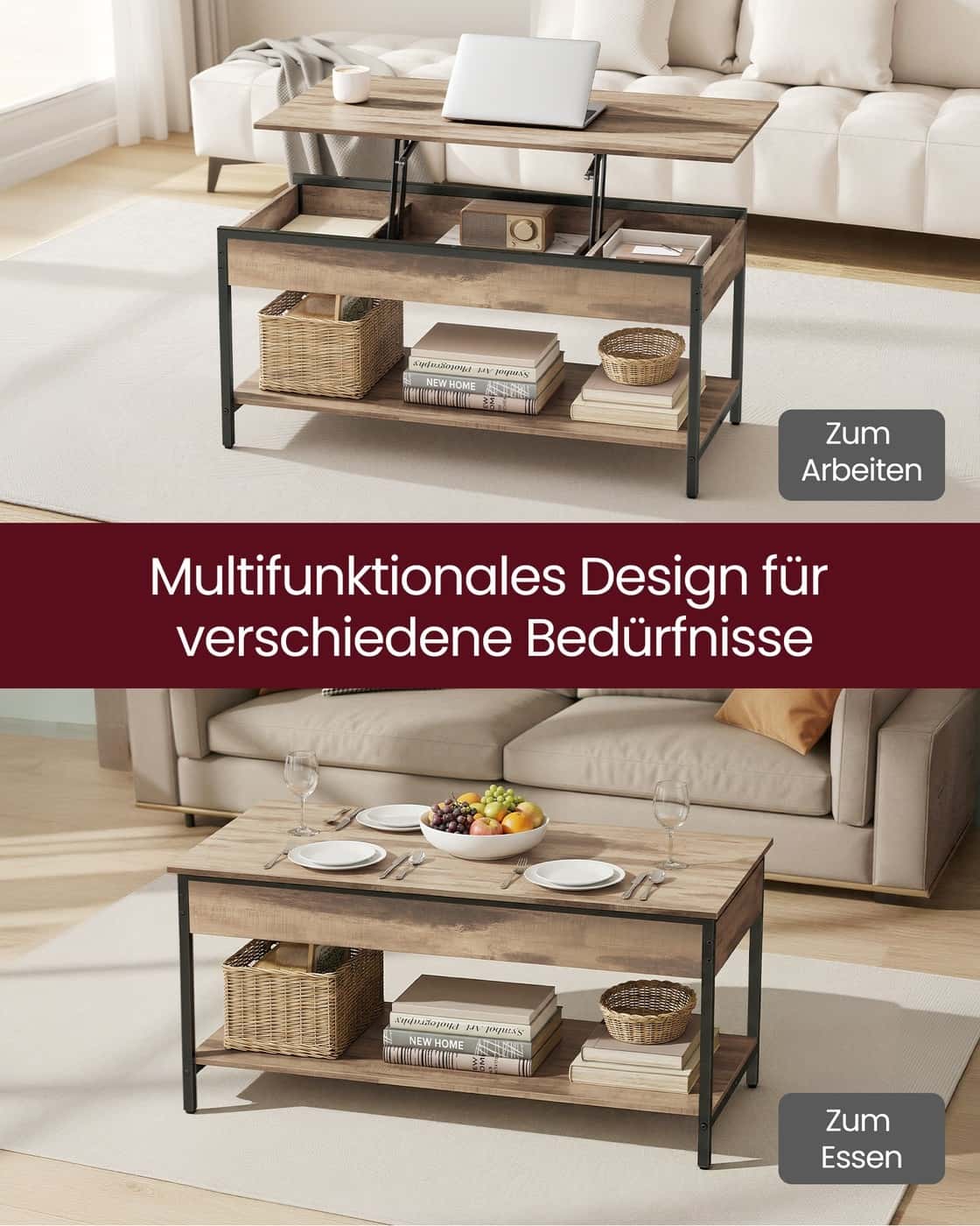 Couchtisch höhenverstellbar 50 × 100 cm mit Fach kamelbraun-tintenschwarz