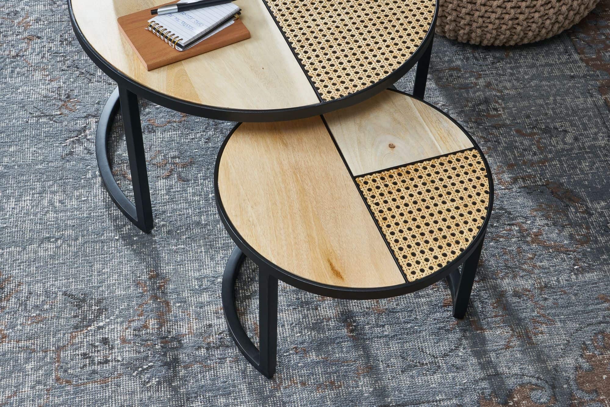 57562-WOHNLING-Couchtisch-2er-Set-Metall-WL6-312-WL6-312_5 Design Wohnzimmertisch 2er Set Mango / Rattan Beistelltisch Rund