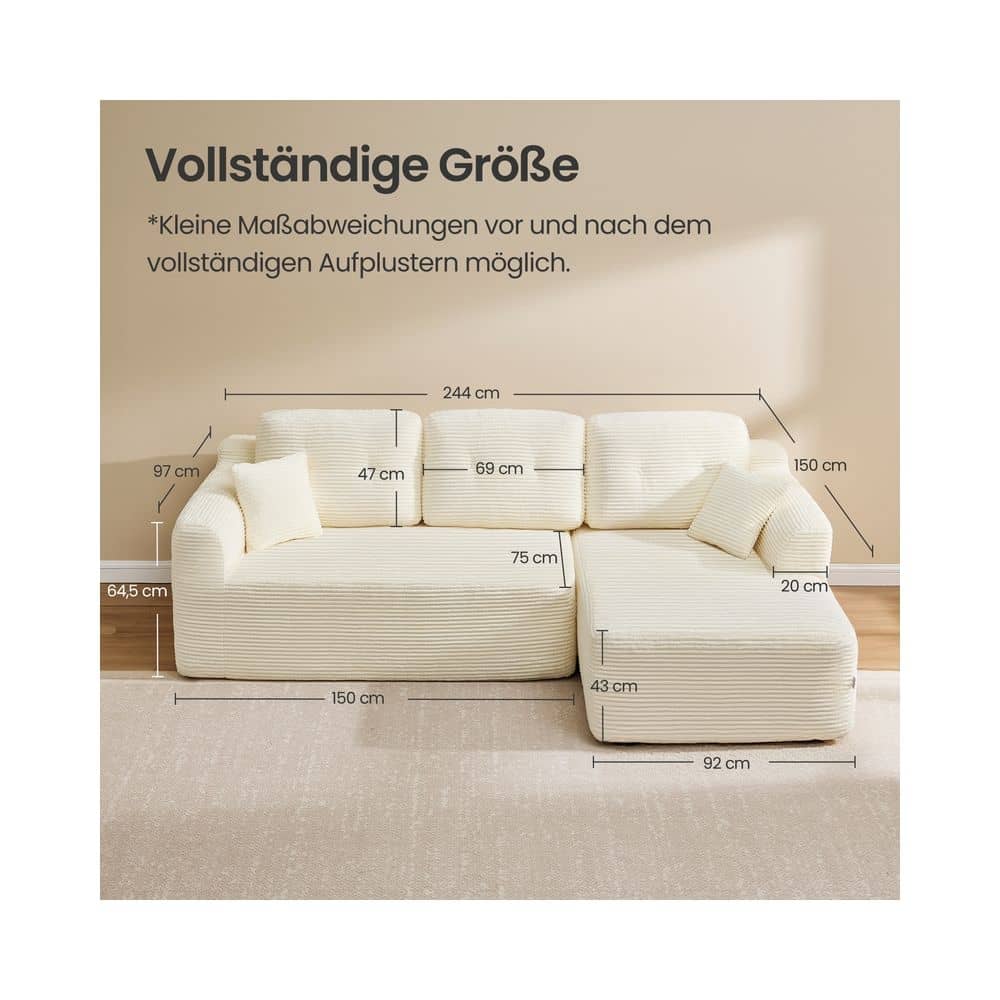 Modulares Sofa 244 cm breit mit großer Chaiselongue rechts cremeweiß Modulares Sofa 244 cm breit mit großer Chaiselongue rechts cremeweiß