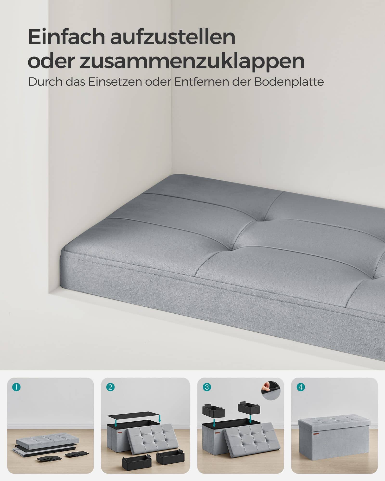 Sitzbank mit Stauraum aus Samt für Flur taubengrau Sitzbank mit Stauraum aus Samt für Flur taubengrau