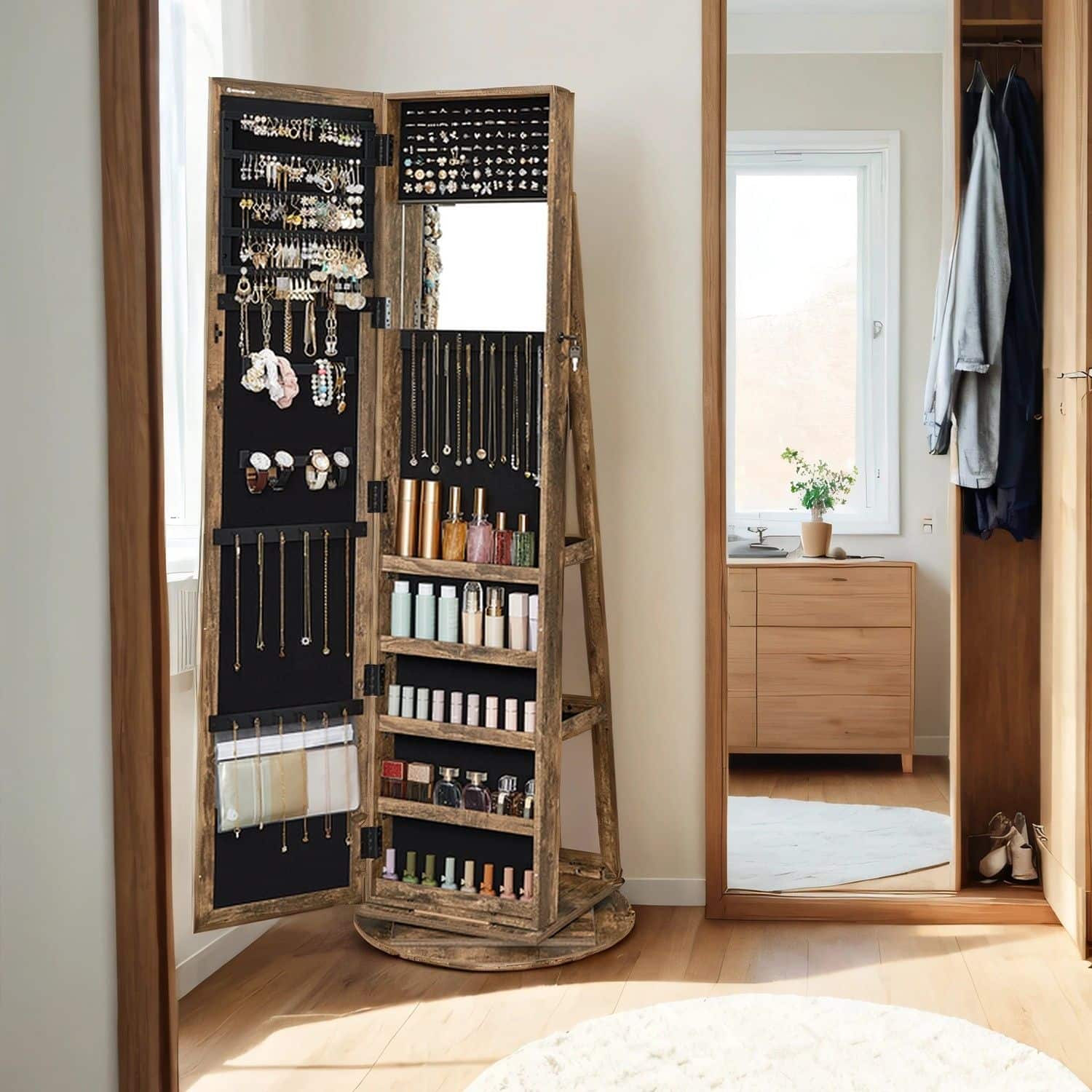 Schmuckschrank mit Spiegel, 360° drehbarer Spiegelschrank, abschließbar Schmuckschrank mit Spiegel, 360° drehbarer Spiegelschrank, abschließbar