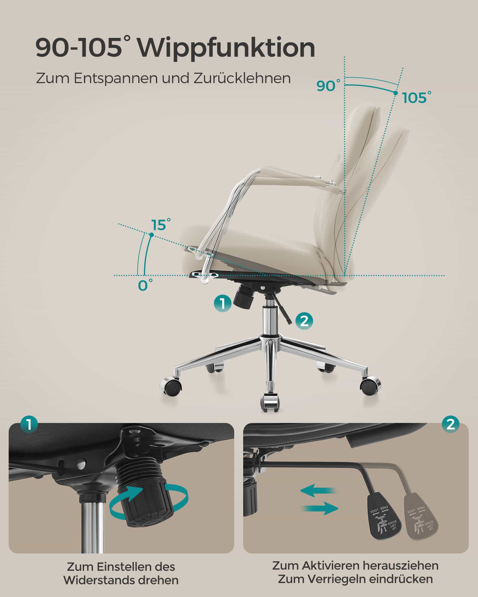 Bürostuhl mit Rückenlehnen und gebogenem Sitz cappuccinobeige